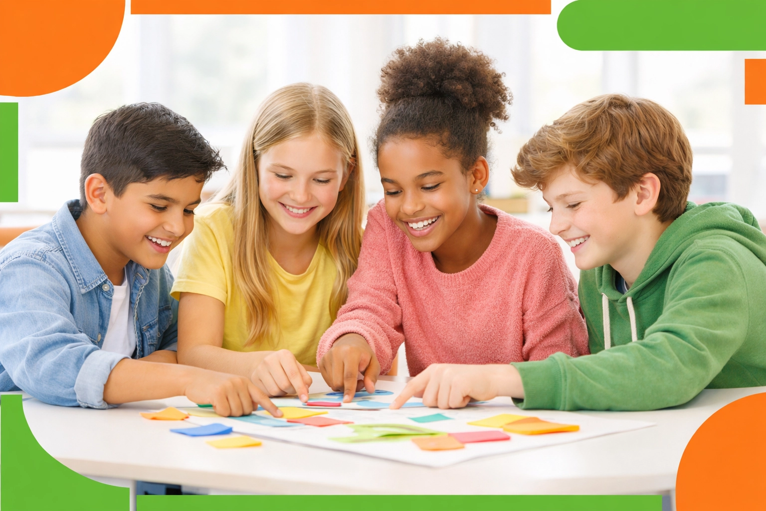 Diverse group of children collaborating on life skills education project together