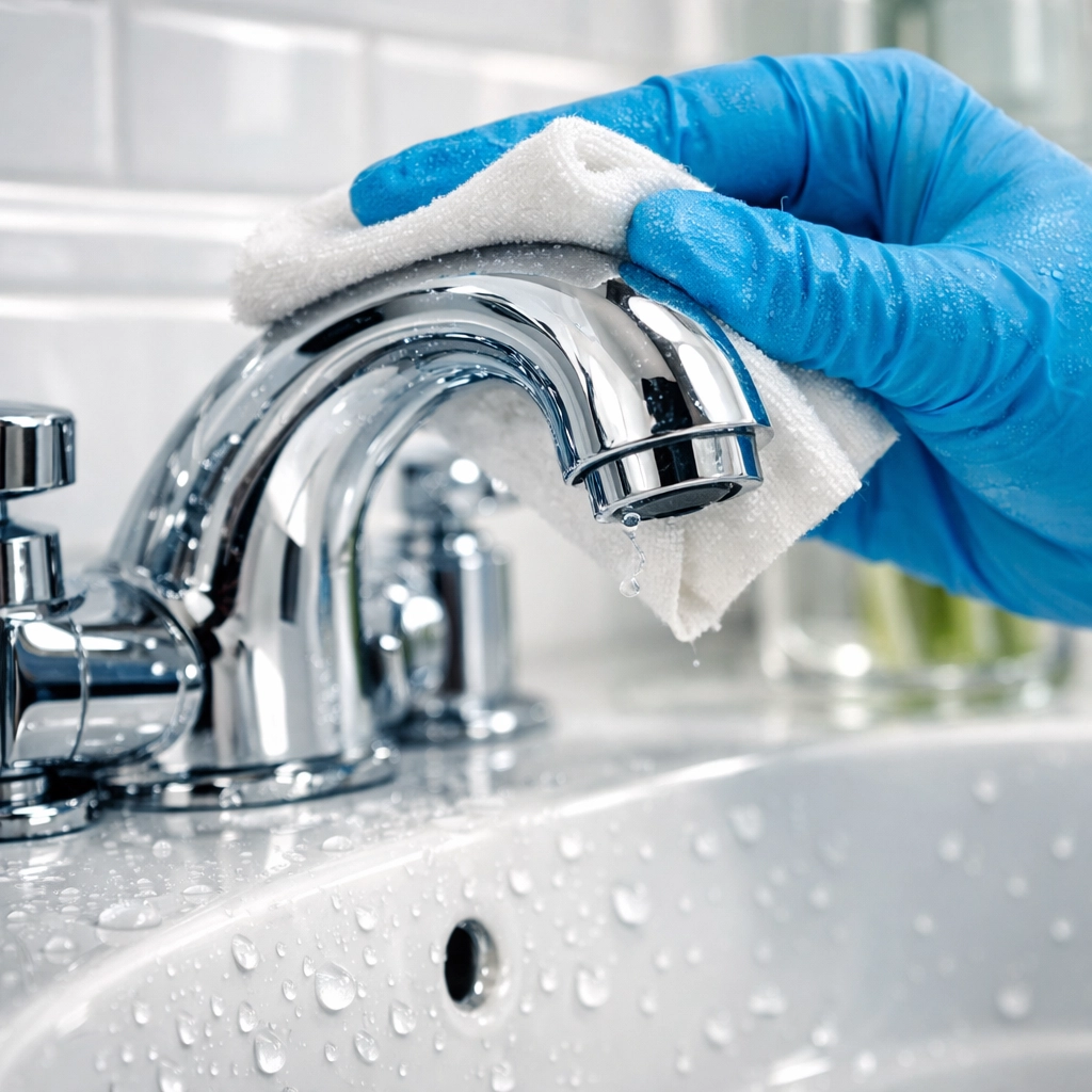 Detailed view of a sanitized bathroom faucet after a thorough deep cleaning in a Massachusetts residence.