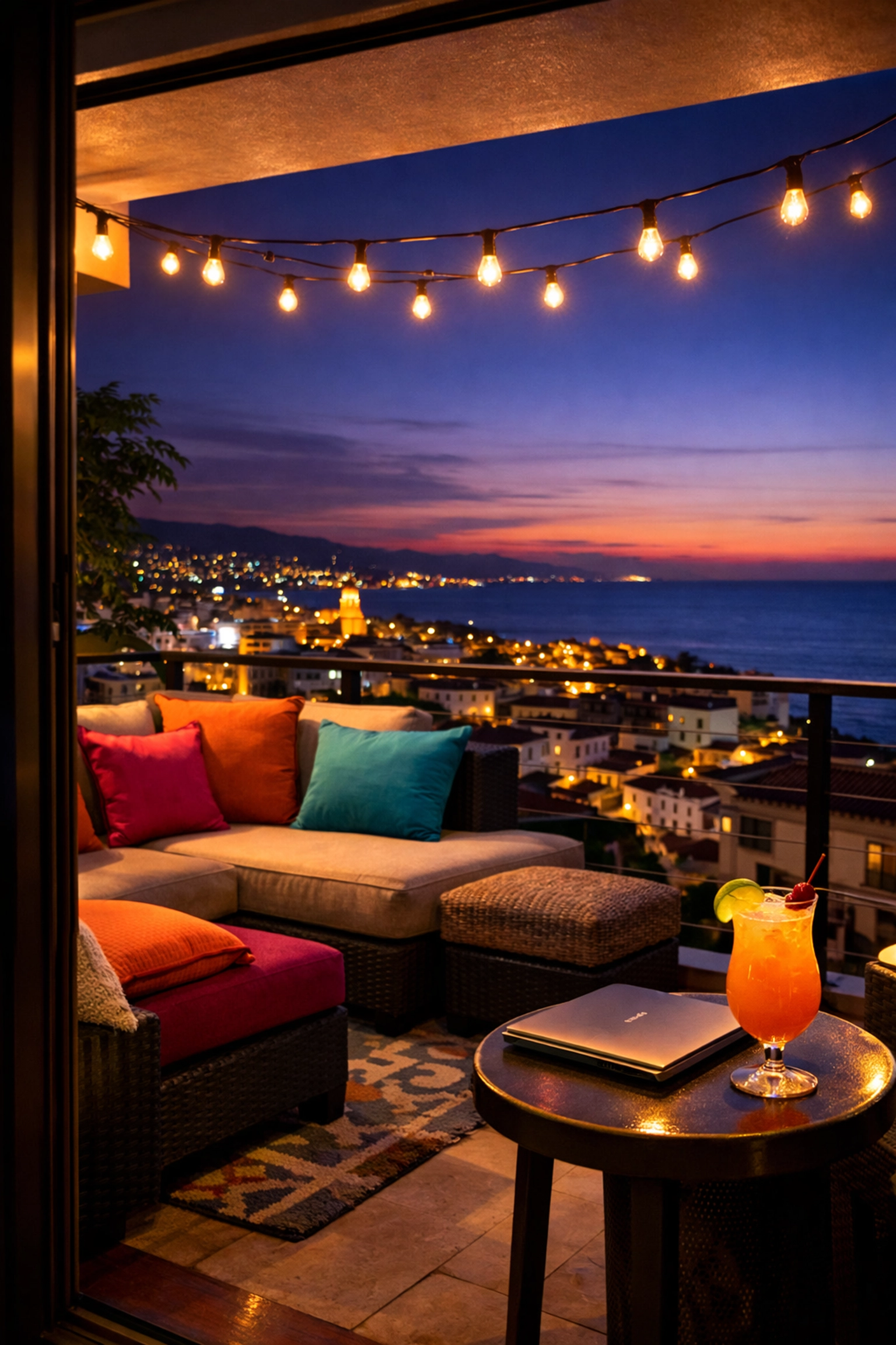 Puerto Vallarta condo balcony at twilight with ocean views in Zona Romántica neighborhood