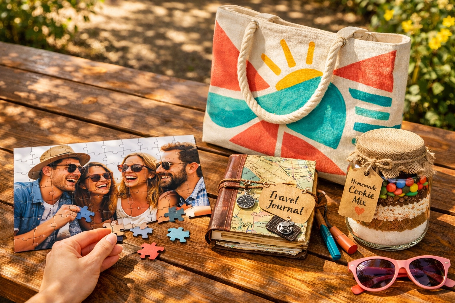 Unique handmade gifts for extroverts including custom photo puzzle and hand-painted tote bag