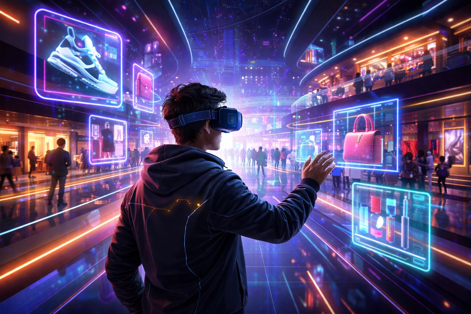 Shopper using VR headset to browse virtual metaverse mall for crypto commerce