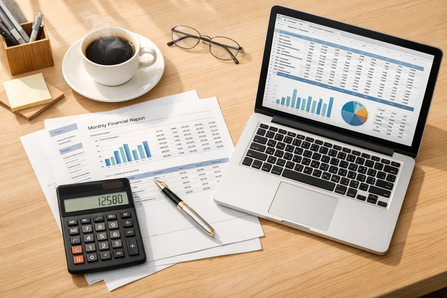 Organized bookkeeping desk with financial documents, calculator and laptop for daily business tasks