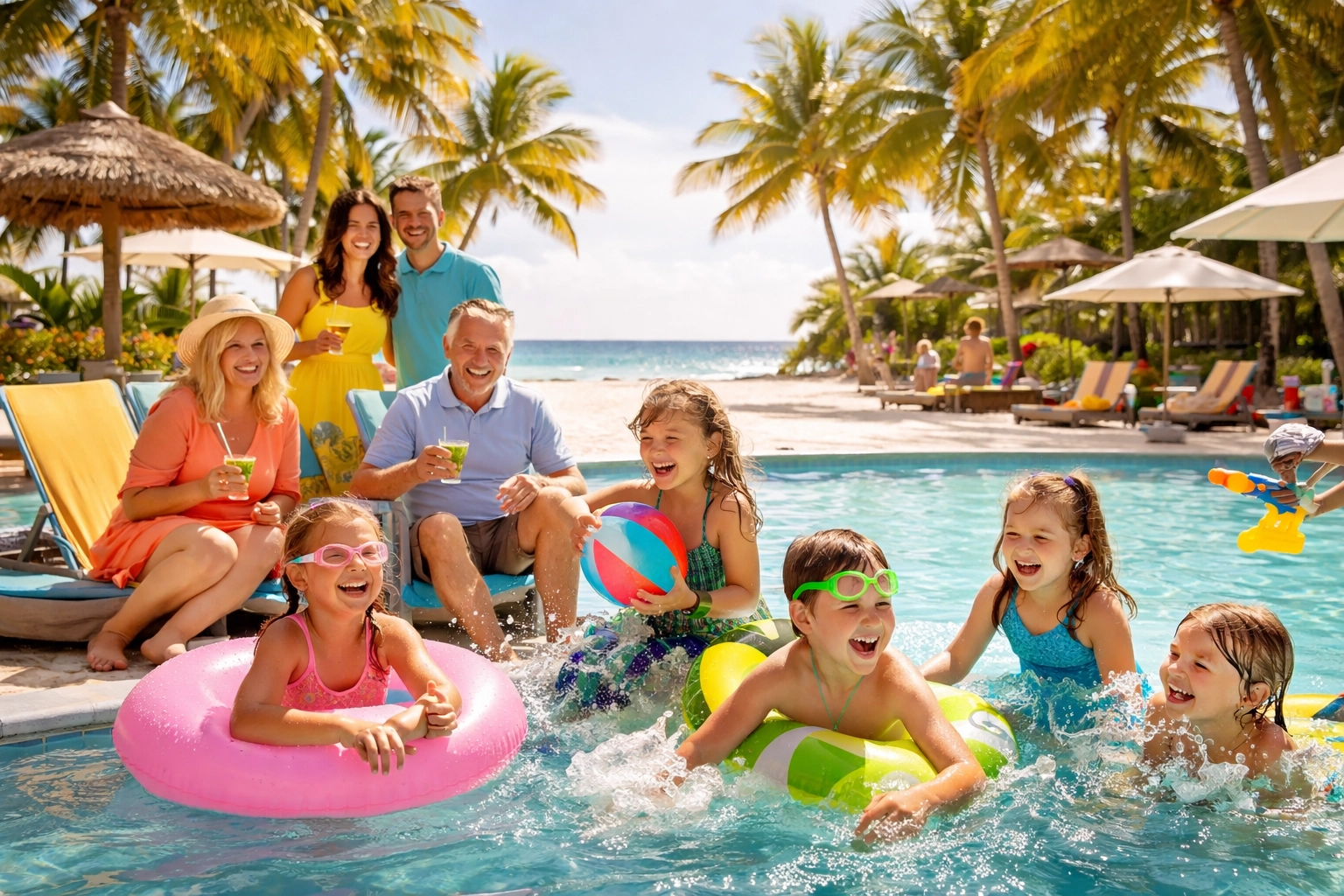Multi-generational family enjoying poolside fun at a tropical family all-inclusive resort