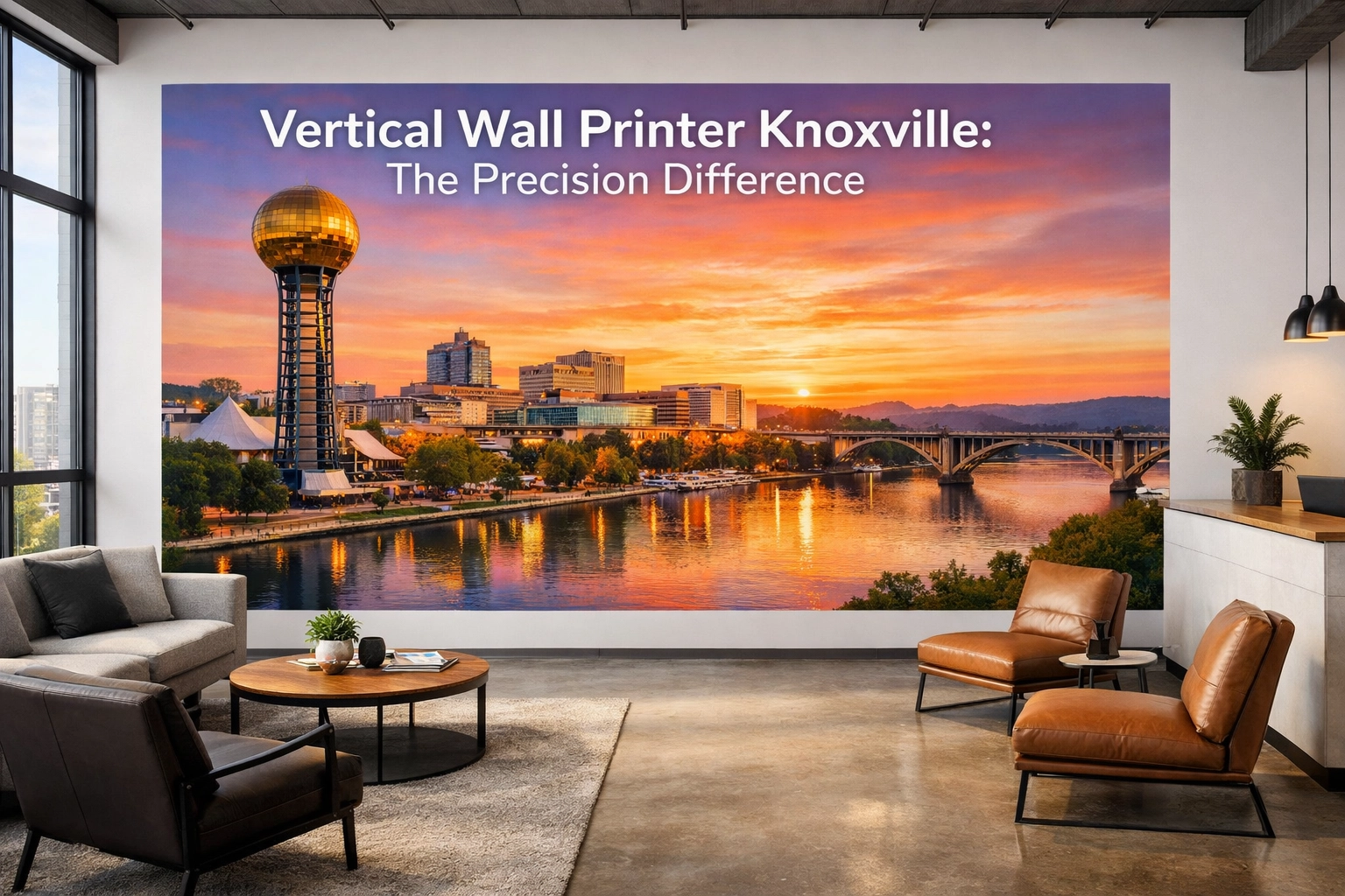 Custom Knoxville office mural of the Sunsphere and Tennessee River printed with precision wall printing technology.
