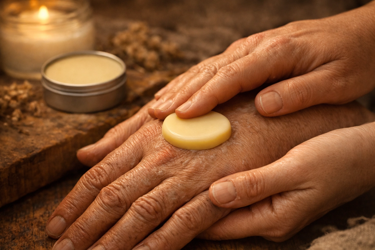 Applying grass-fed tallow balm to dry, weathered hands for winter skin repair