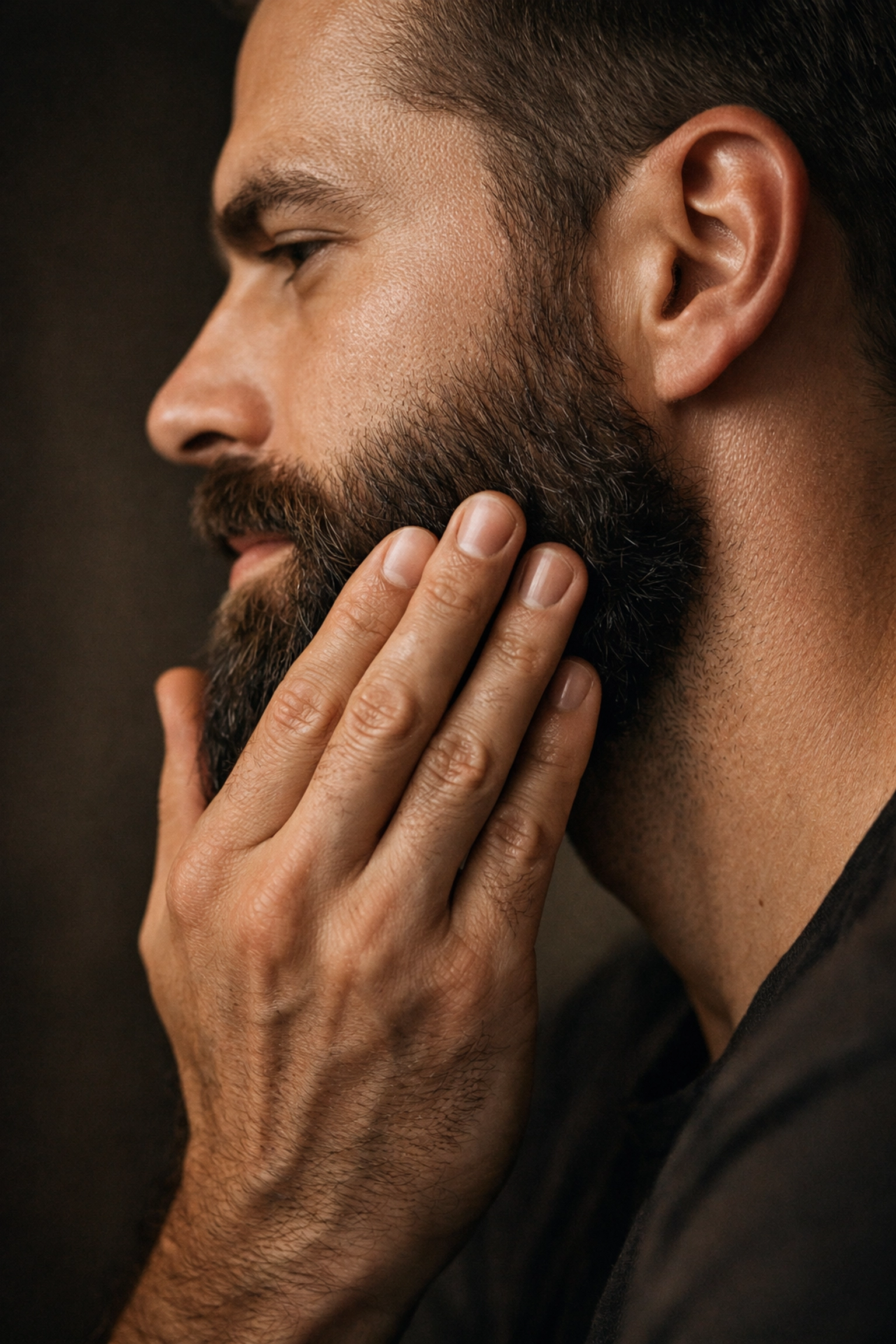 A man massaging premium beard oil into his skin for deep hydration and itch relief.