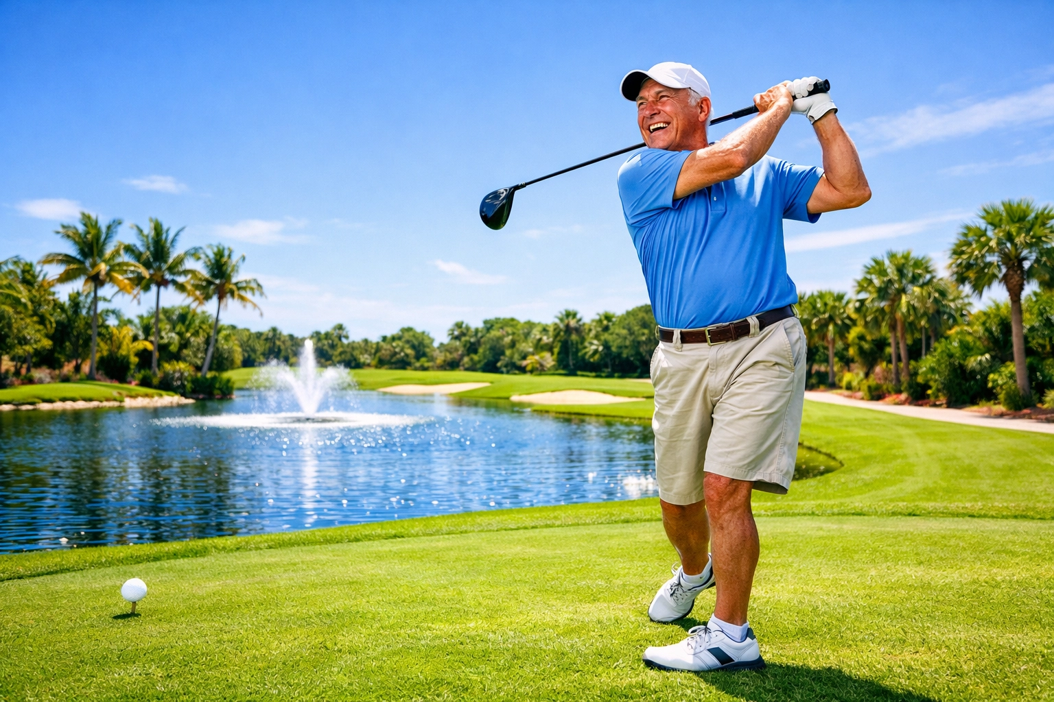 Active senior enjoying a golf game in Venice, FL after successful non-surgical pain management.
