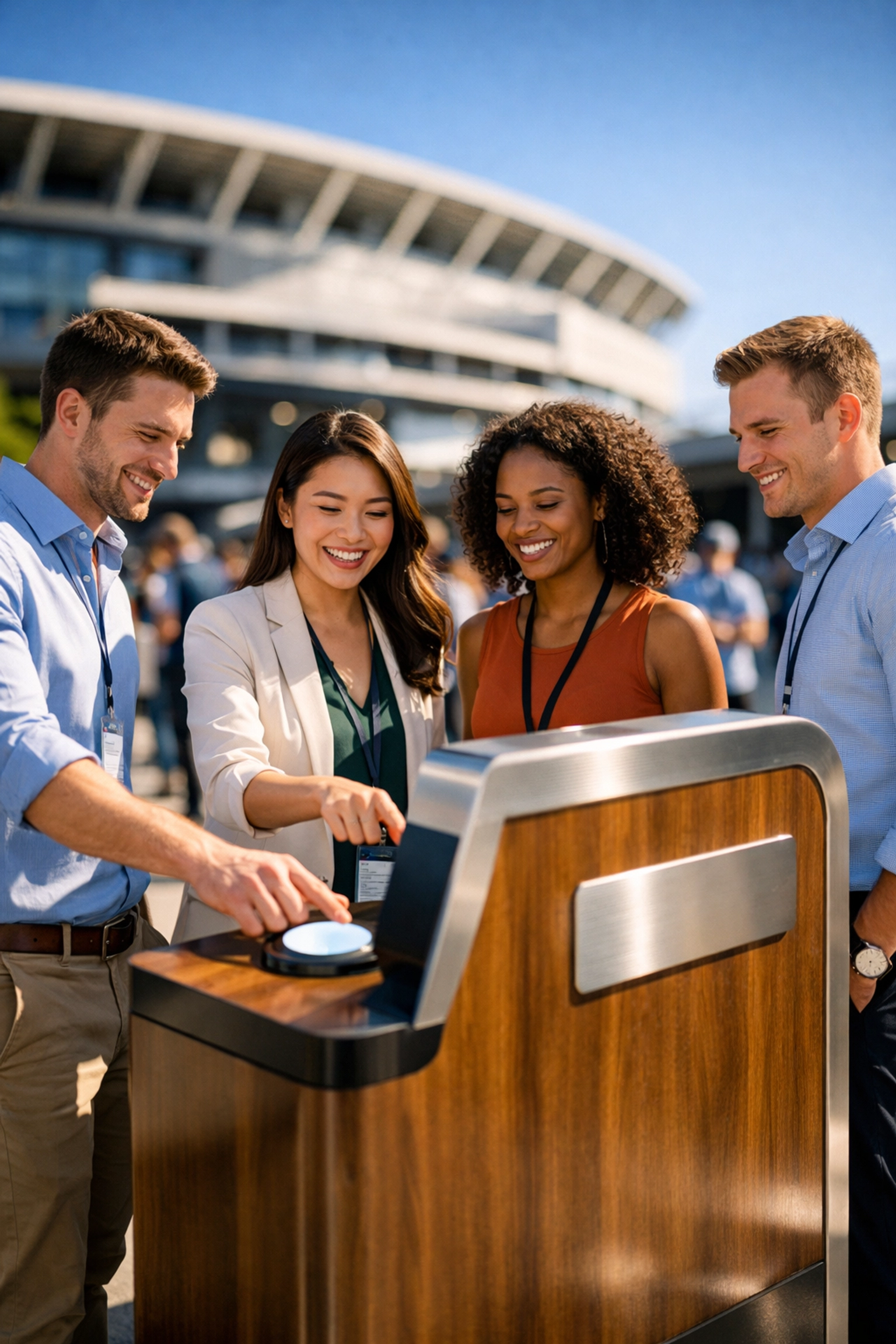 Business professionals engaging with a tangible fan experience at a Super Bowl 2026 outdoor activation.