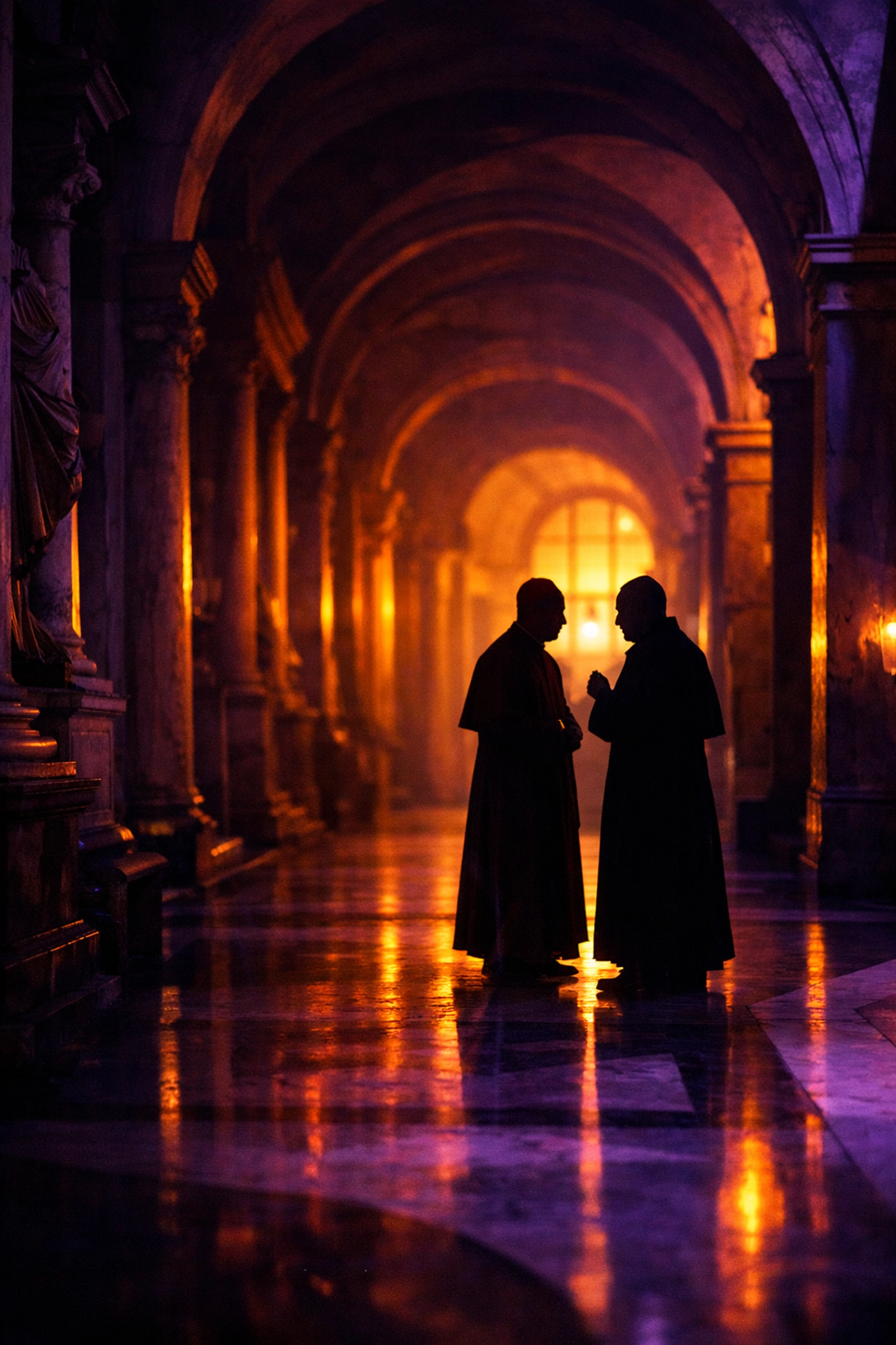 Vatican corridors with silhouetted clergy figures discussing in secrecy