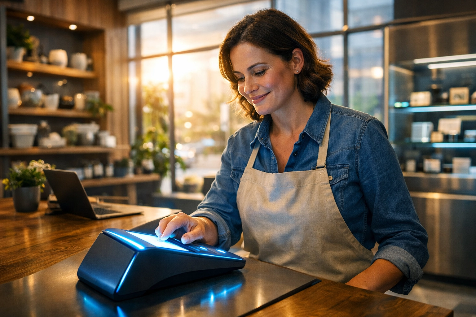 Merchant using a crypto POS system for self-custody Web3 payments in a modern store.