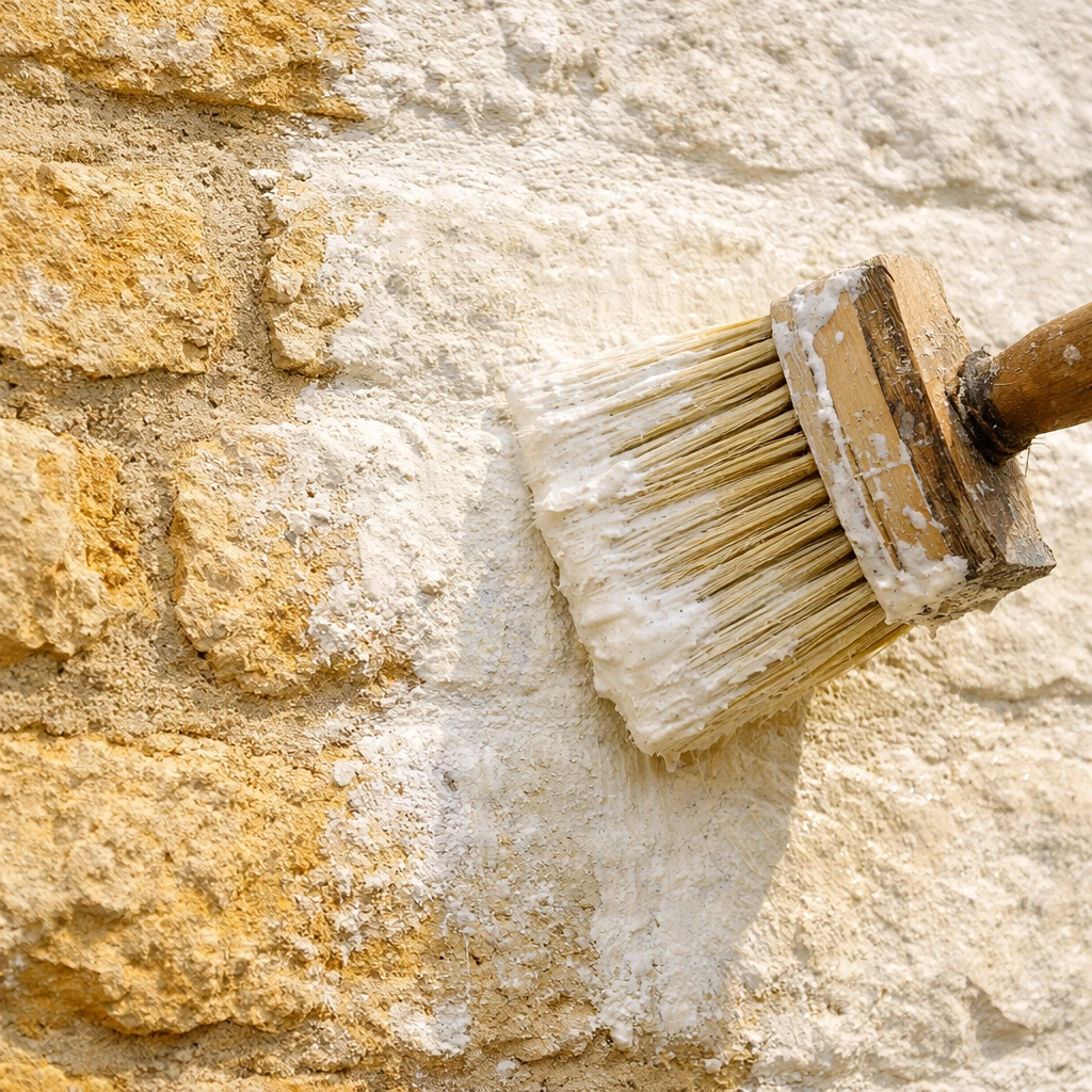 Traditional limewash being applied to Cotswold stone period property wall