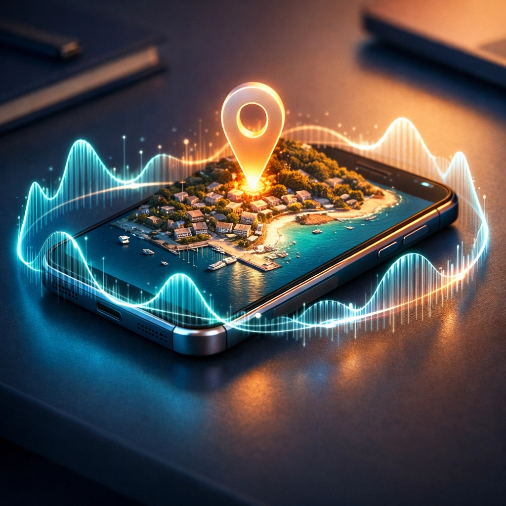 Are You Making These Common Local SEO Venice FL Mistakes? (The 2026 Checklist) Digital map and voice search interface on a smartphone highlighting AI marketing and local SEO in Venice, FL.