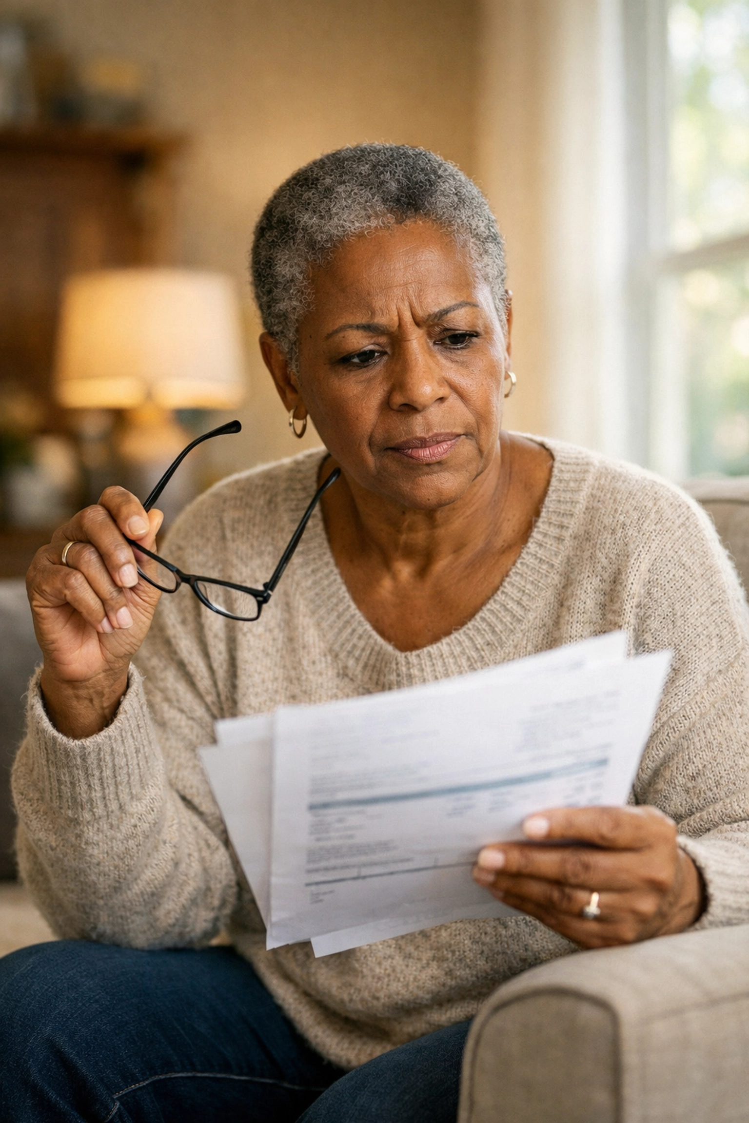 Woman in her 60s reviewing retirement plan documents with concern