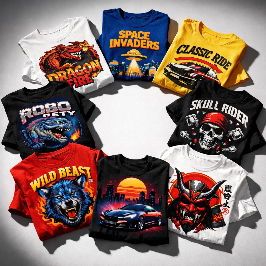 Custom printed t-shirts with vibrant DTG prints featuring bold graphics by Hard Re-Set Inc