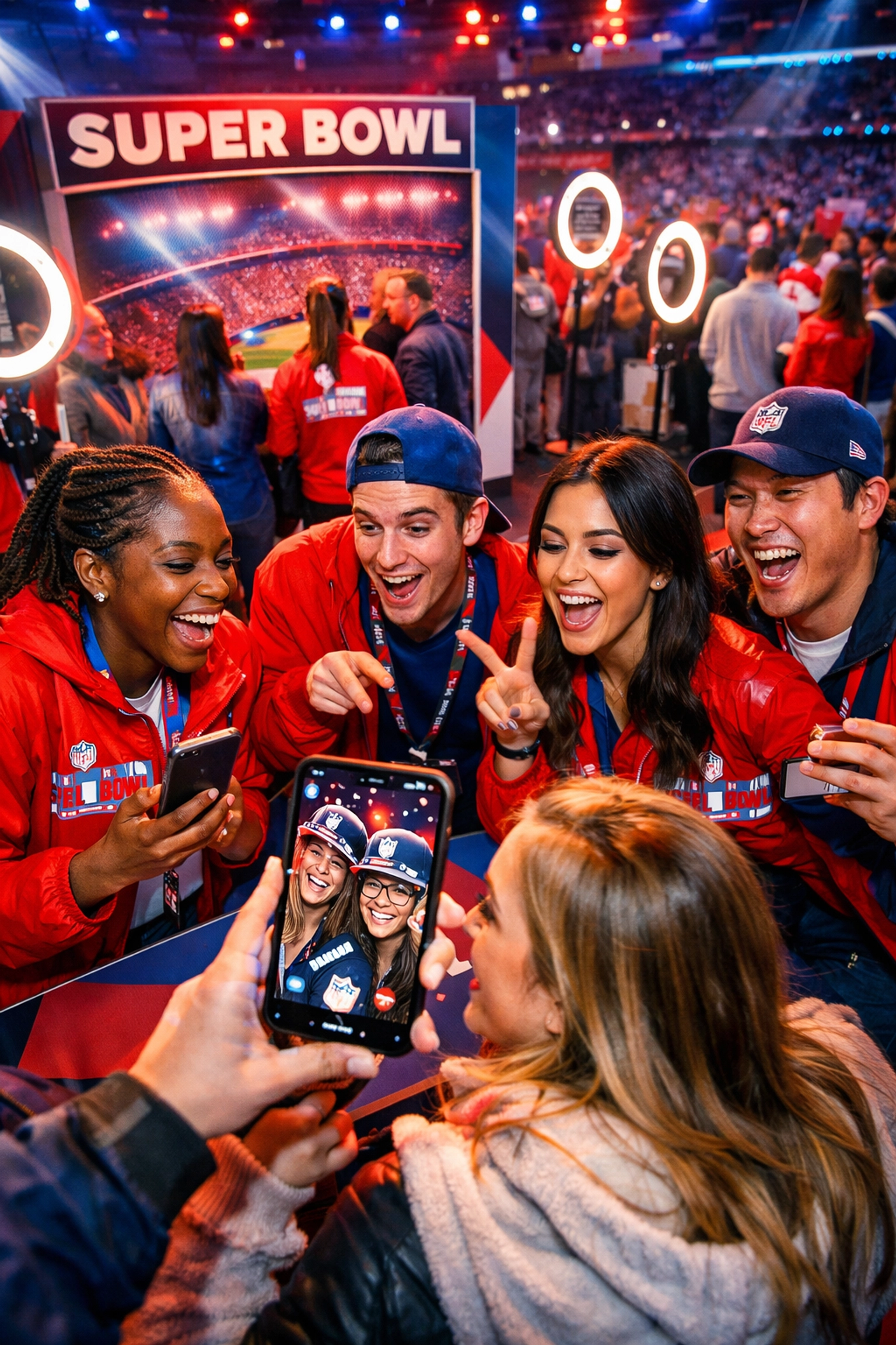 Brand ambassadors engaging fans at Super Bowl activation booth creating shareable content