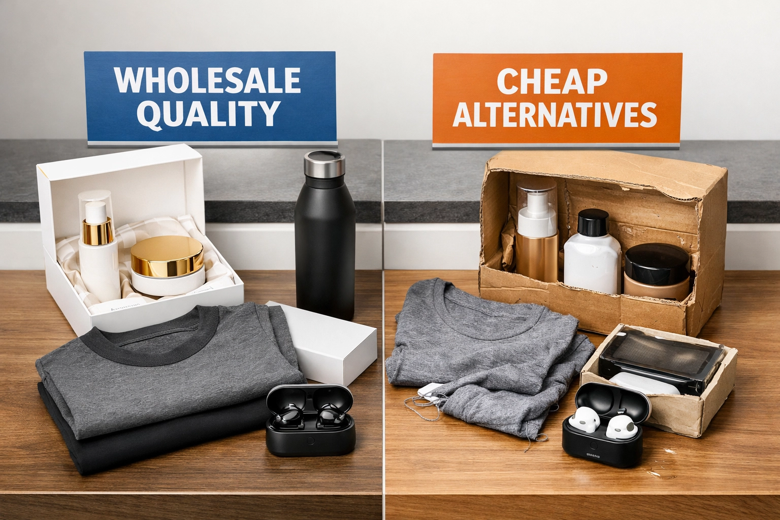 Quality comparison between premium and cheap wholesale products on retail counter