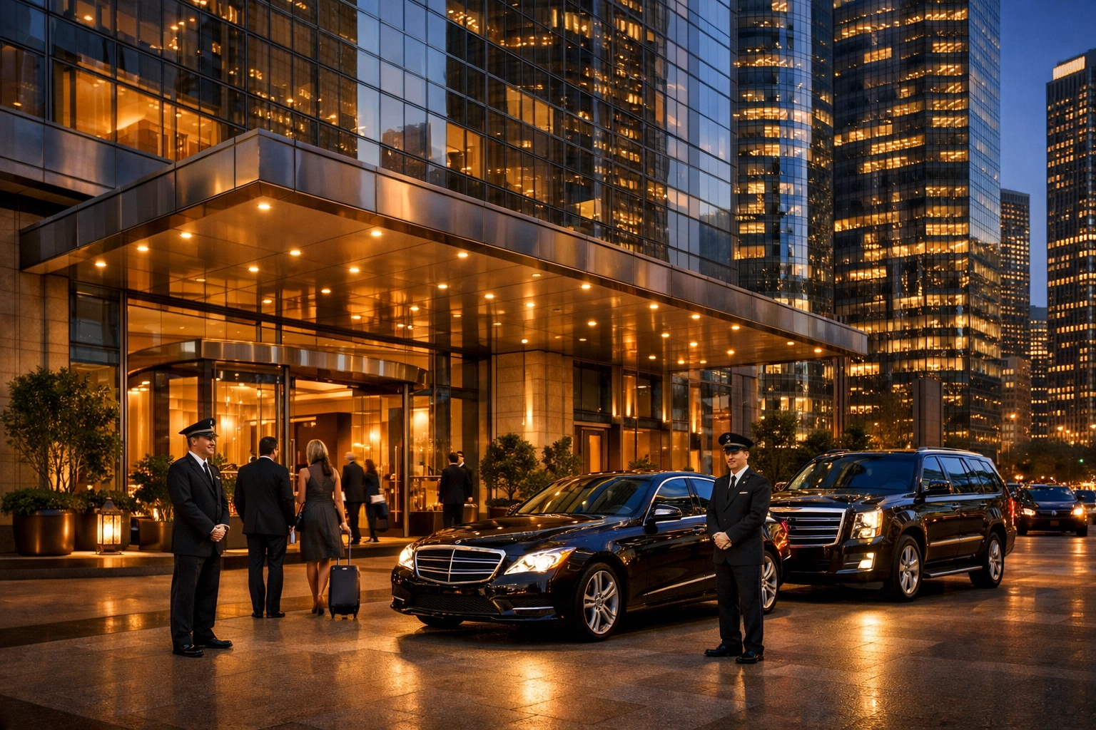 Luxury hotel entrance with valet service for Super Bowl executive travel and corporate hospitality