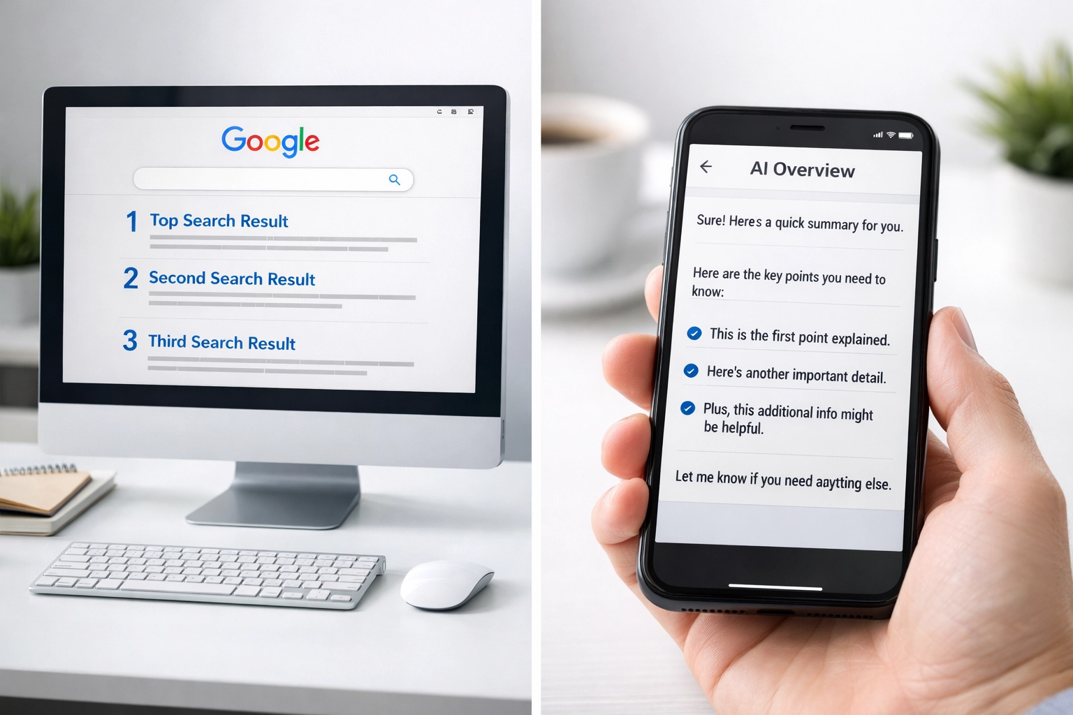 Traditional Google search rankings versus AI Overview interface showing different visibility patterns