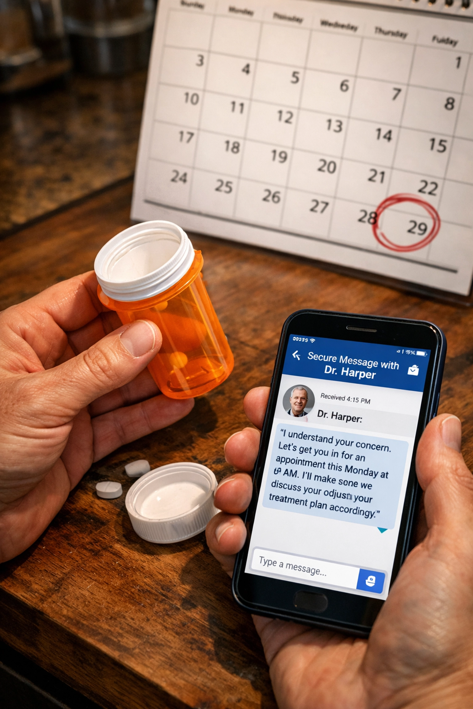 Empty prescription bottle with weekend calendar and online doctor chat for emergency refills