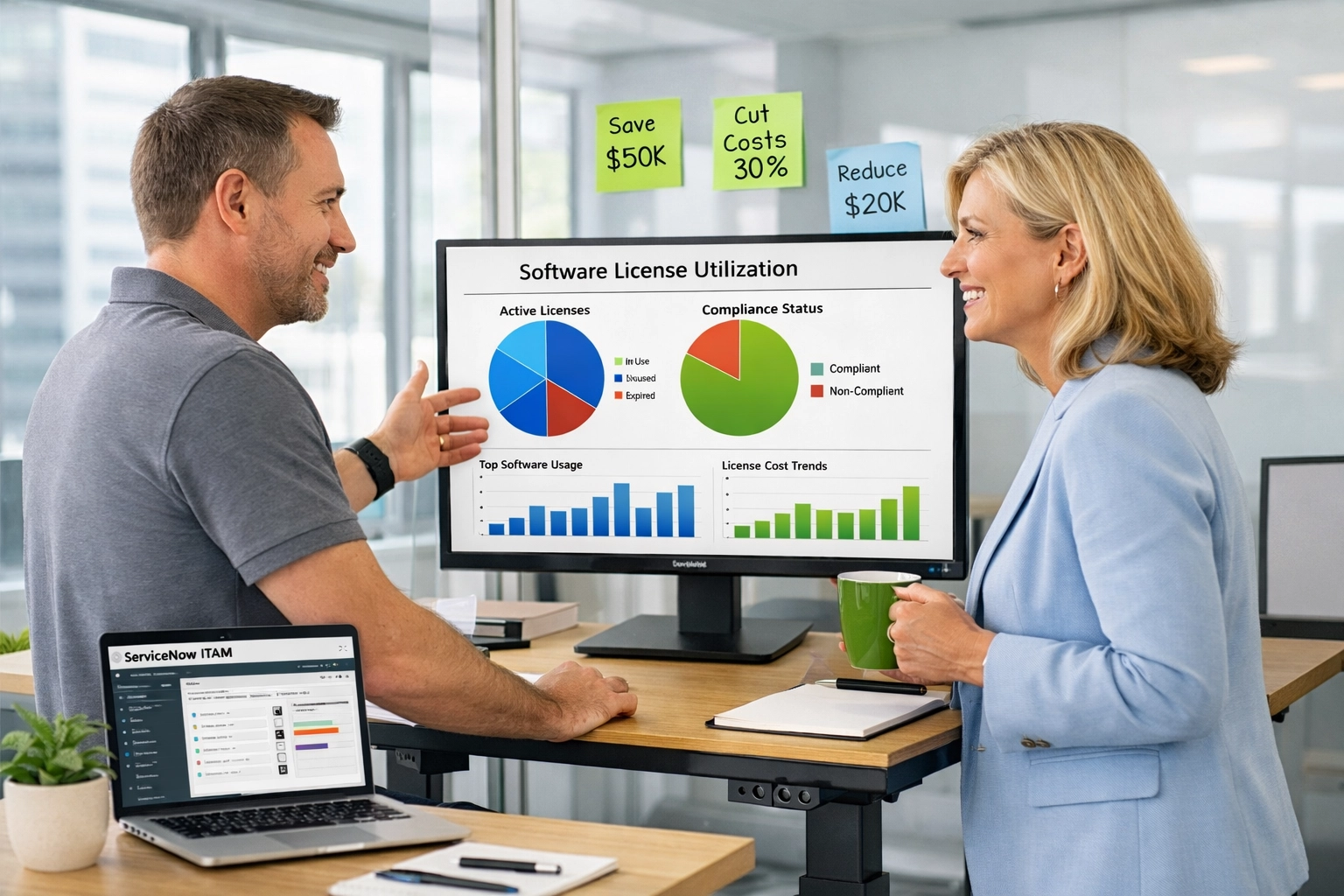 IT professionals reviewing ServiceNow ITAM license utilization dashboard for cost savings