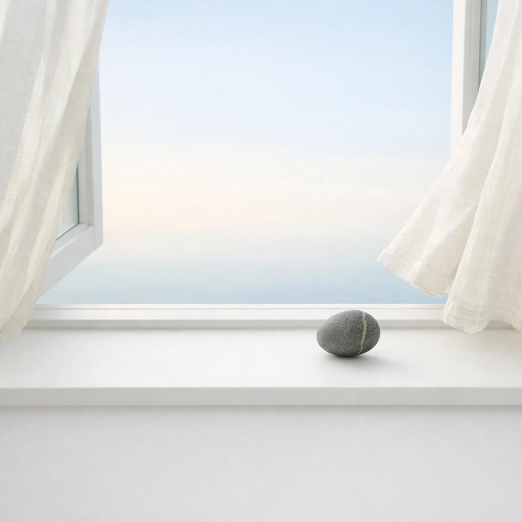 Open window with a balanced stone on the sill, symbolizing trust and autonomy in a hybrid workplace.