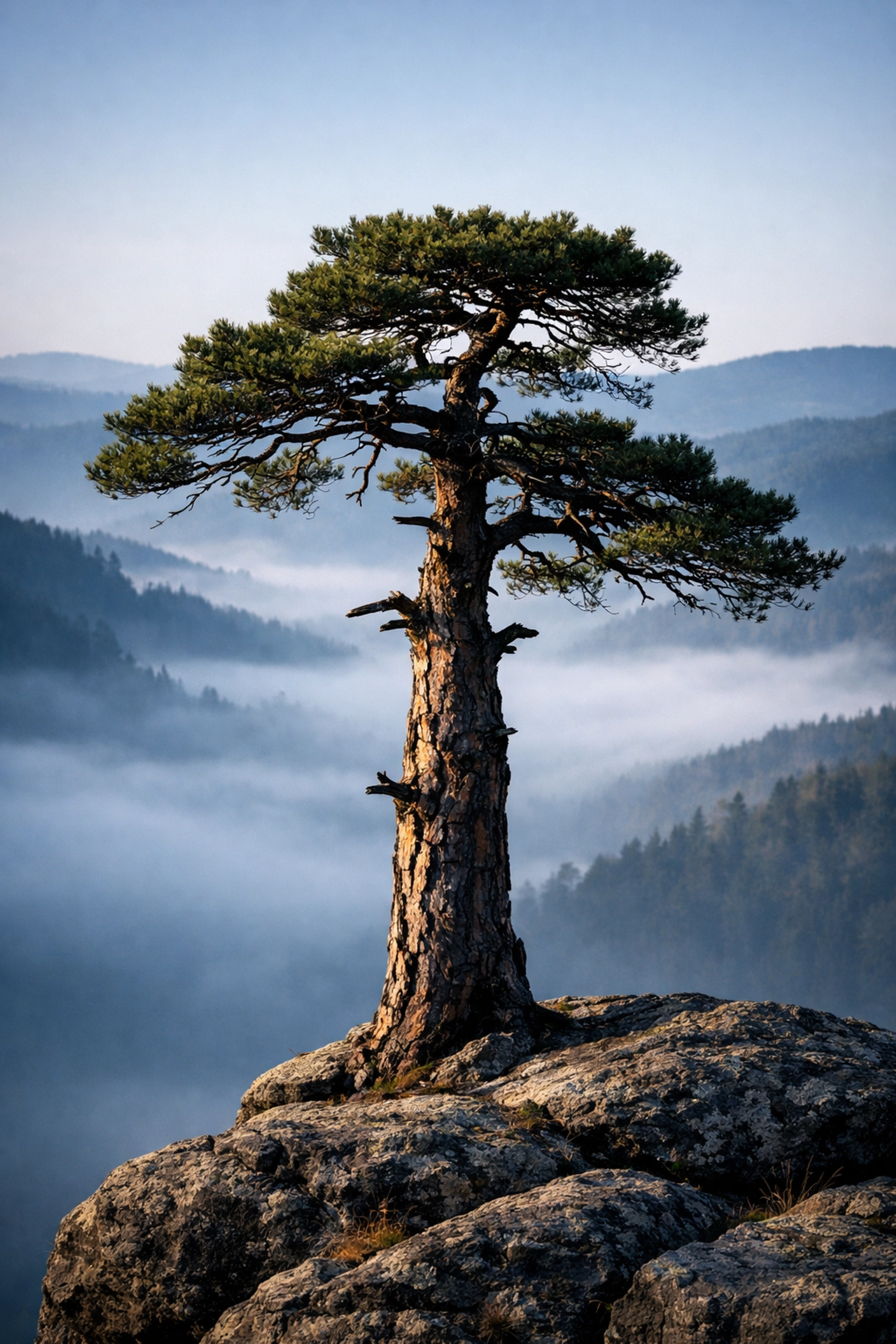 Clean landscape composition of a lone tree without distracting edge elements or tangents in a misty valley.