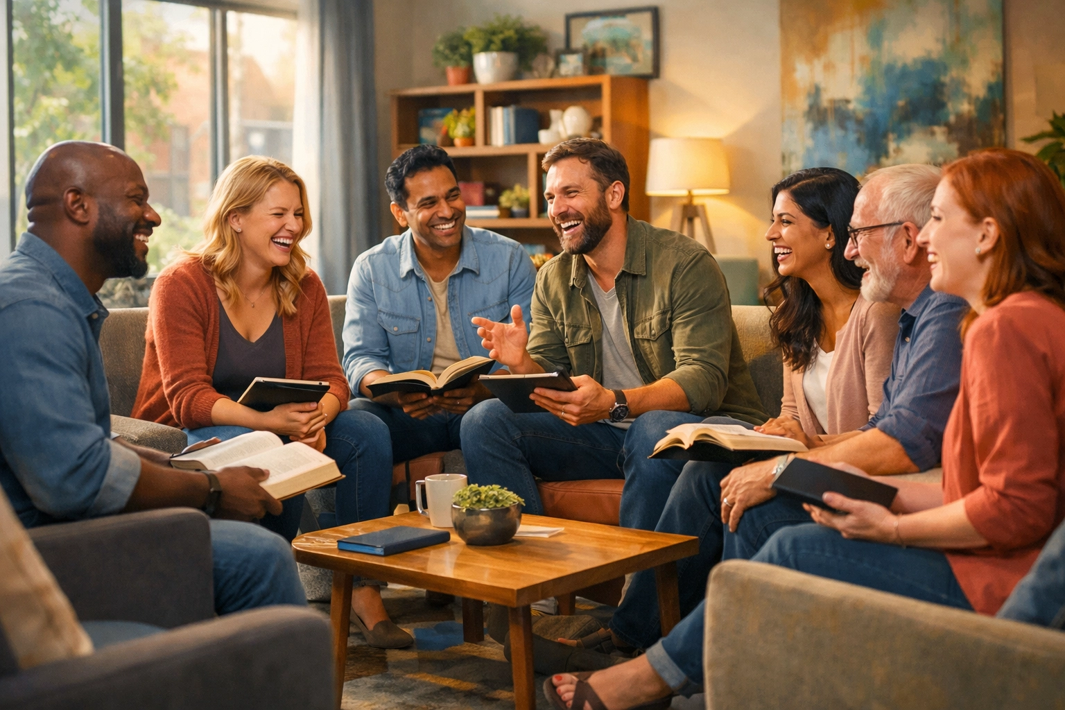 Diverse community group gathered for a Bible study through Boundless Online Church.