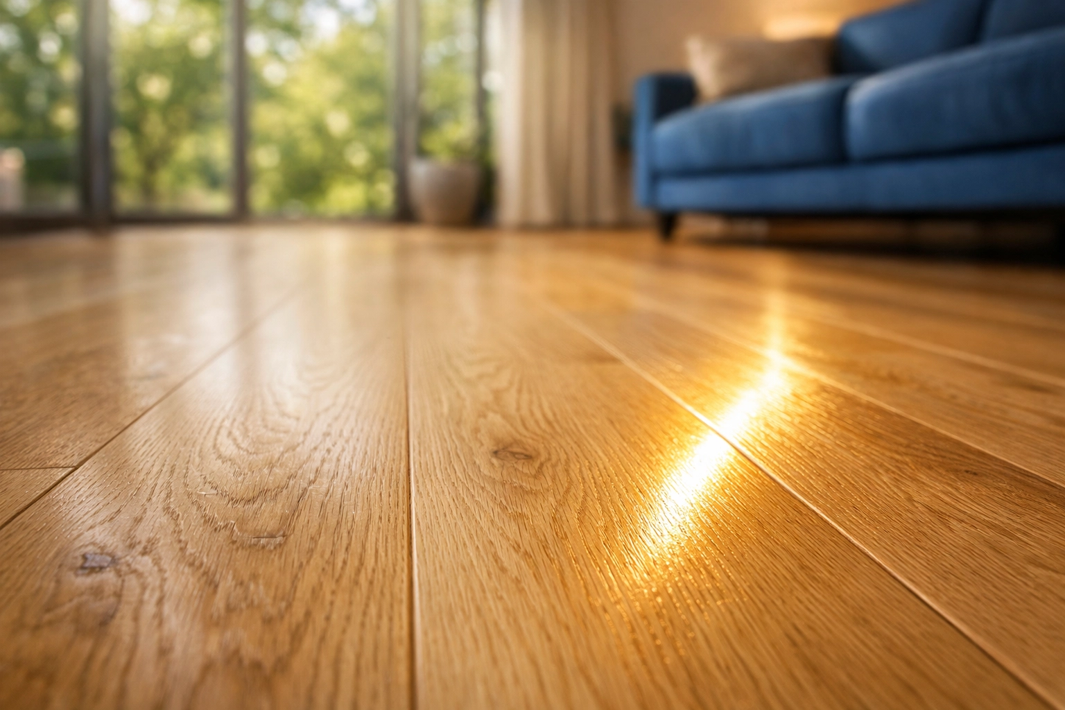 Clean wide-plank hardwood floors in a bright home after a ninja level move-in cleaning.