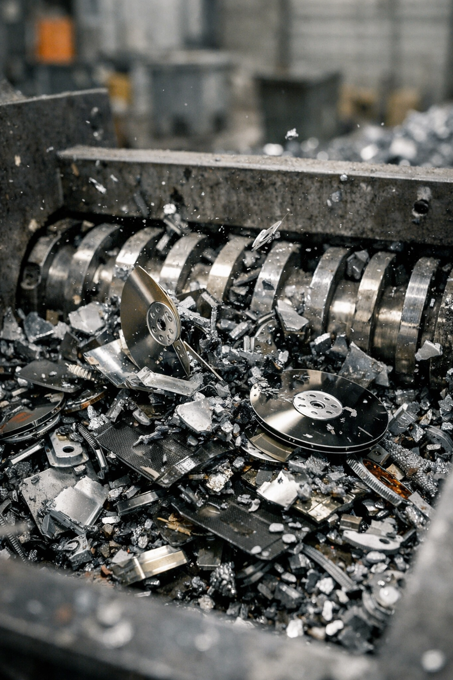 Industrial hard drive shredding machine destroying data at licensed recycling facility