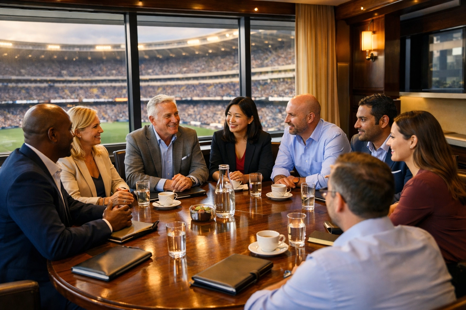 Business executives networking in luxury Super Bowl suite with stadium views
