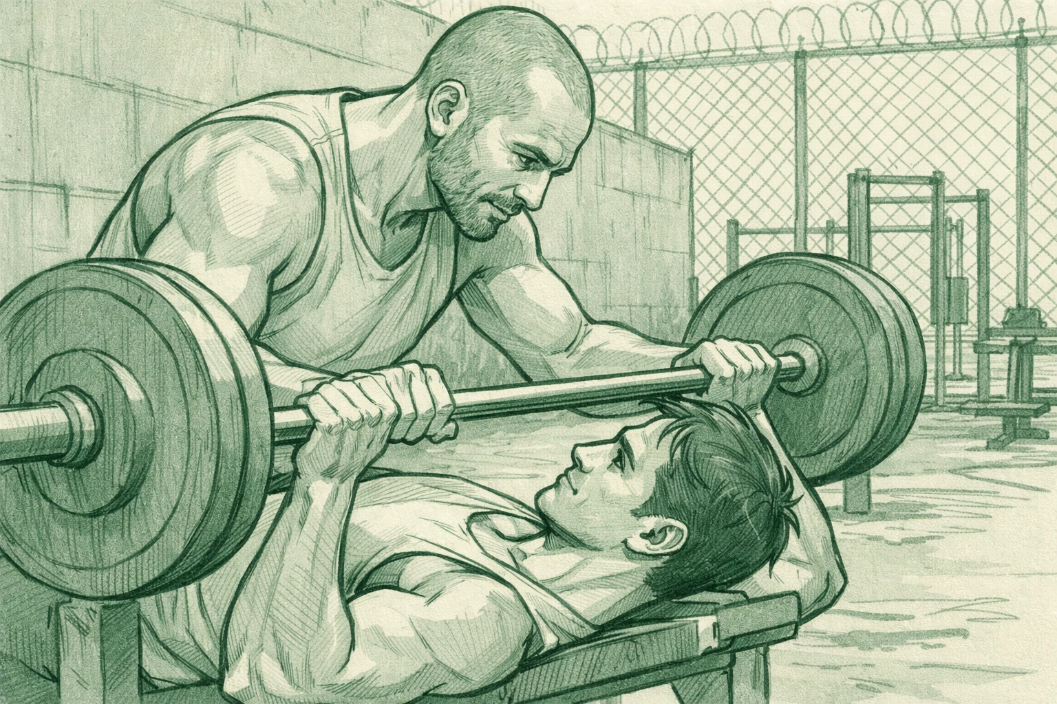 Gay romance trust and partnership: MM couple working out together in prison yard gym