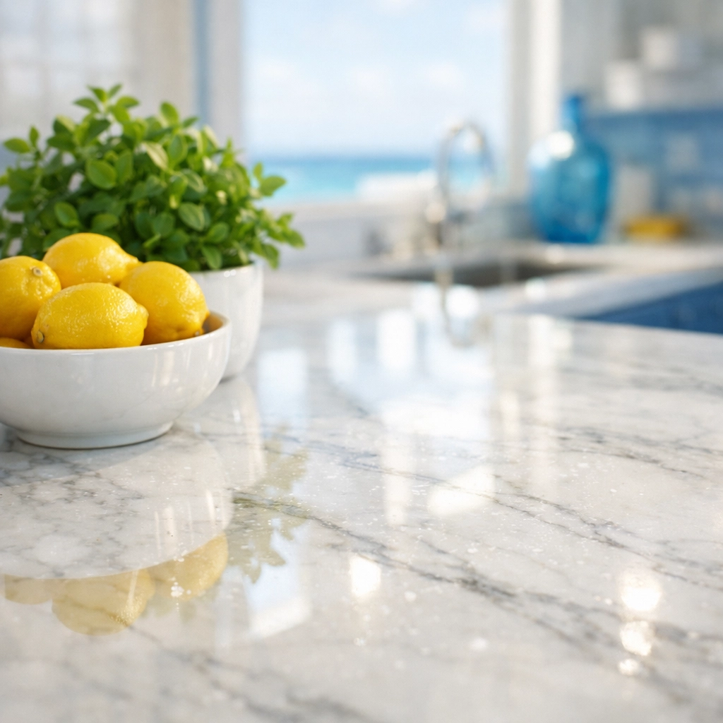 Detail of a spotless marble countertop cleaned with eco-friendly products in a Rockport home.