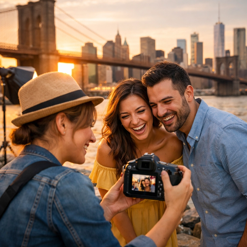 Professional photographer reviewing shots with a couple at Brooklyn Bridge Park during golden hour.