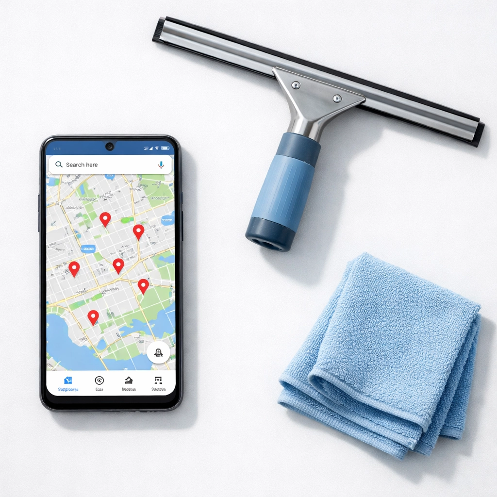Google Maps location search on smartphone with window cleaning tools for local SEO strategy