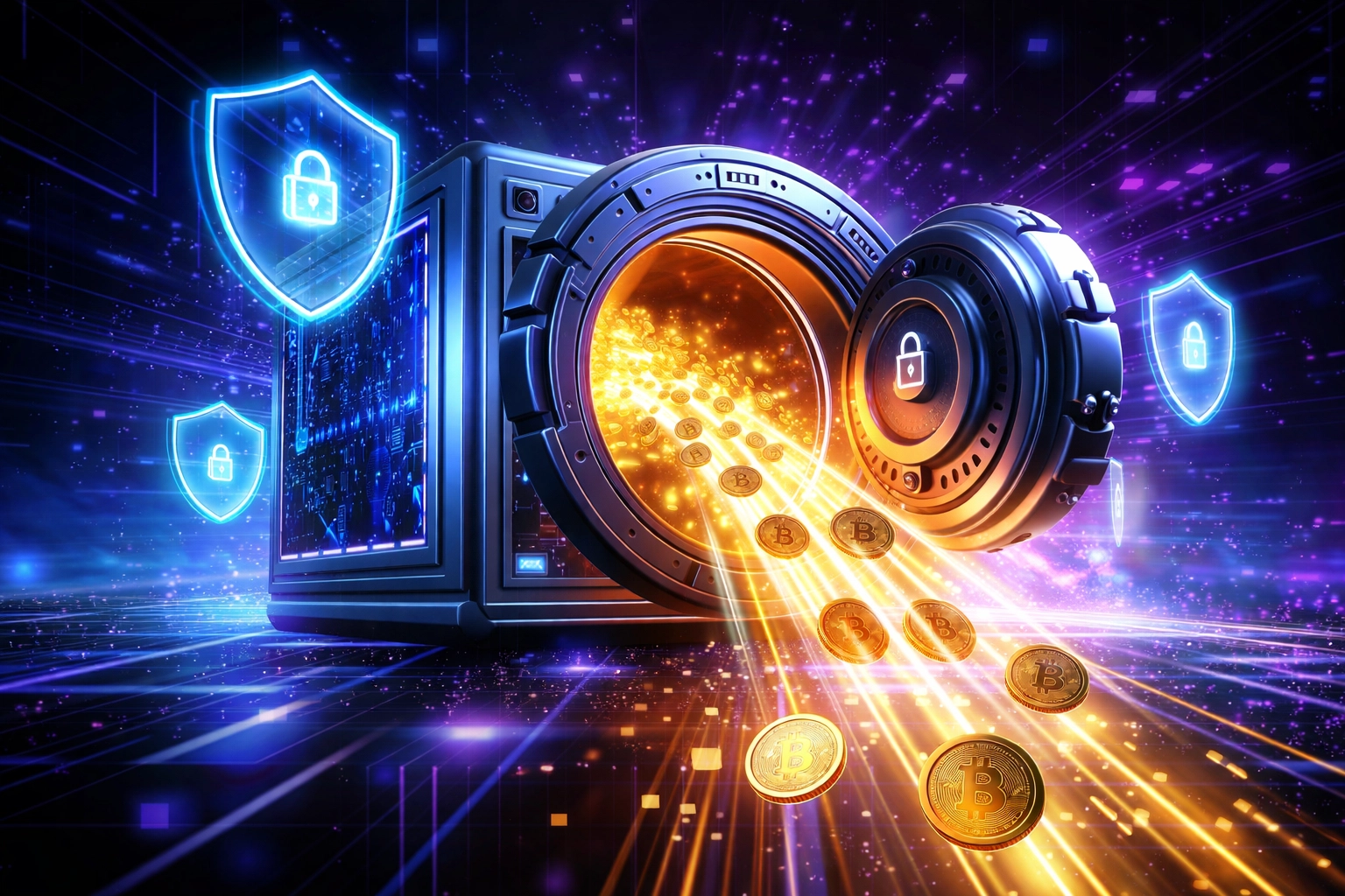 Glowing digital vault symbolizing self-custody and secure Web3 crypto payments for financial sovereignty