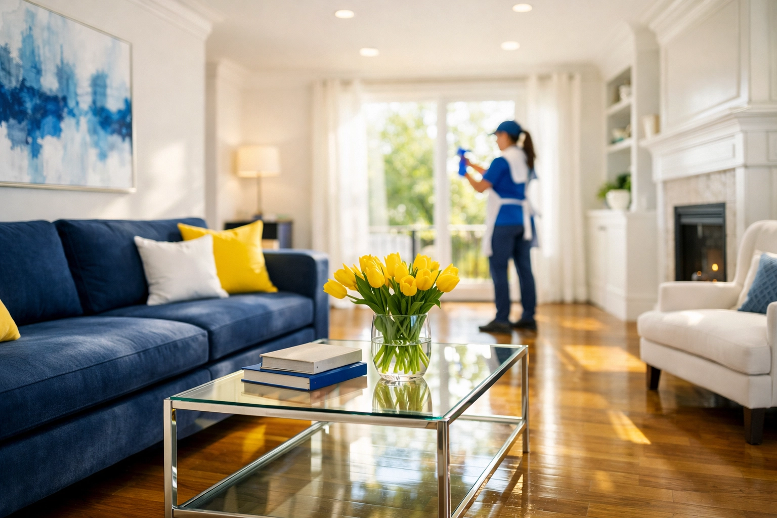 Professional cleaners in Natick MA maintain a spotless living room for a busy local family.