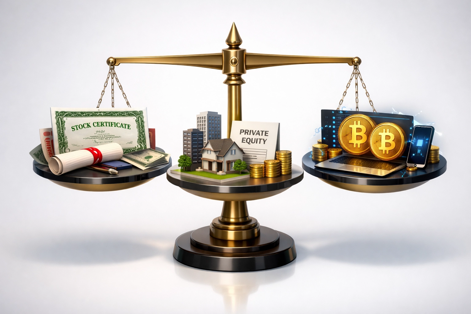 Balanced portfolio allocation showing traditional assets, alternative investments, and digital asset strategy