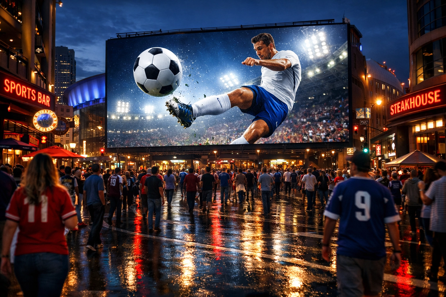 Large digital billboard with a soccer player in a sports district at twilight, showcasing DOOH innovation.