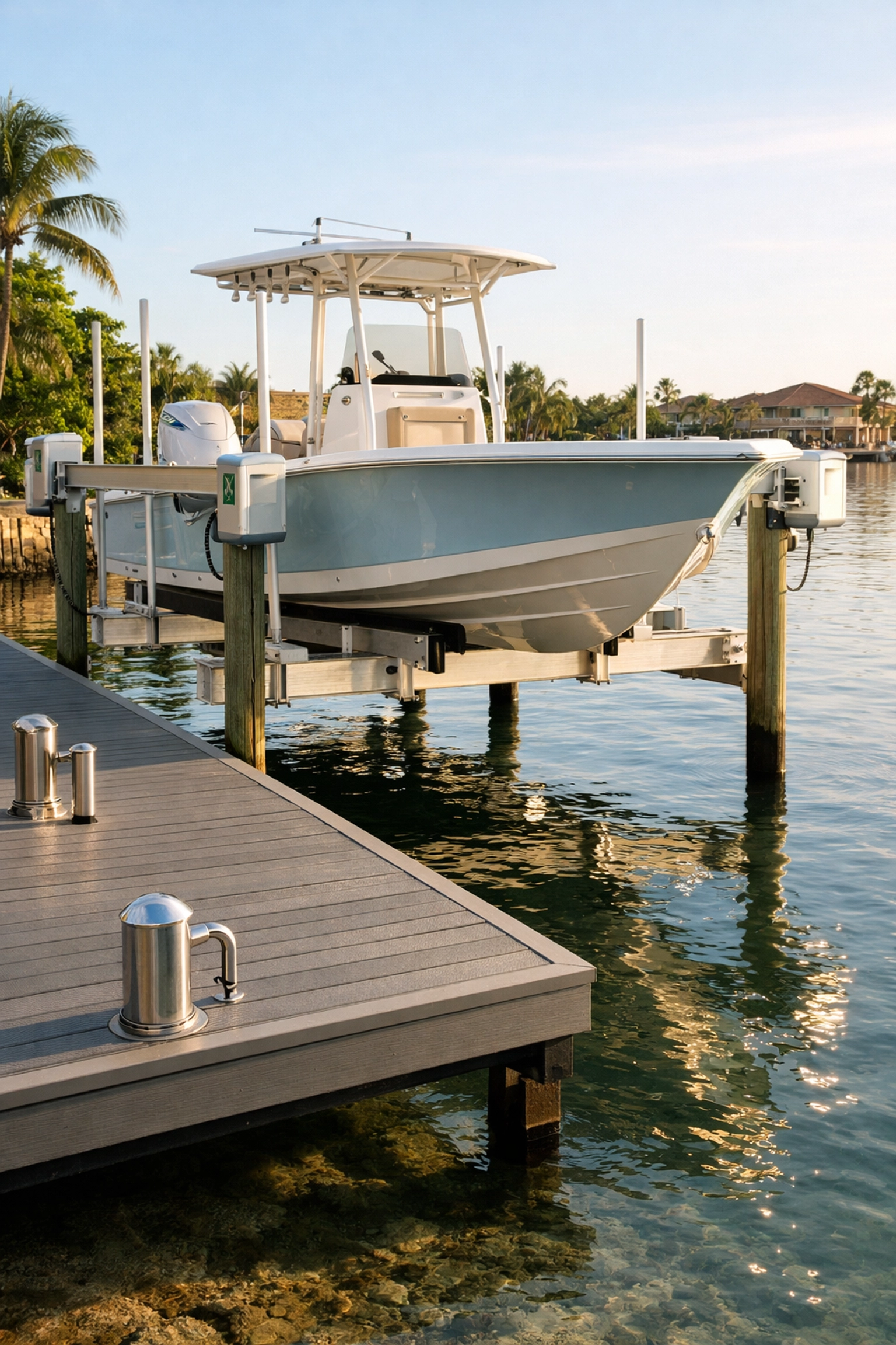 Well-maintained boat lift and composite dock at a Southwest Florida waterfront property.