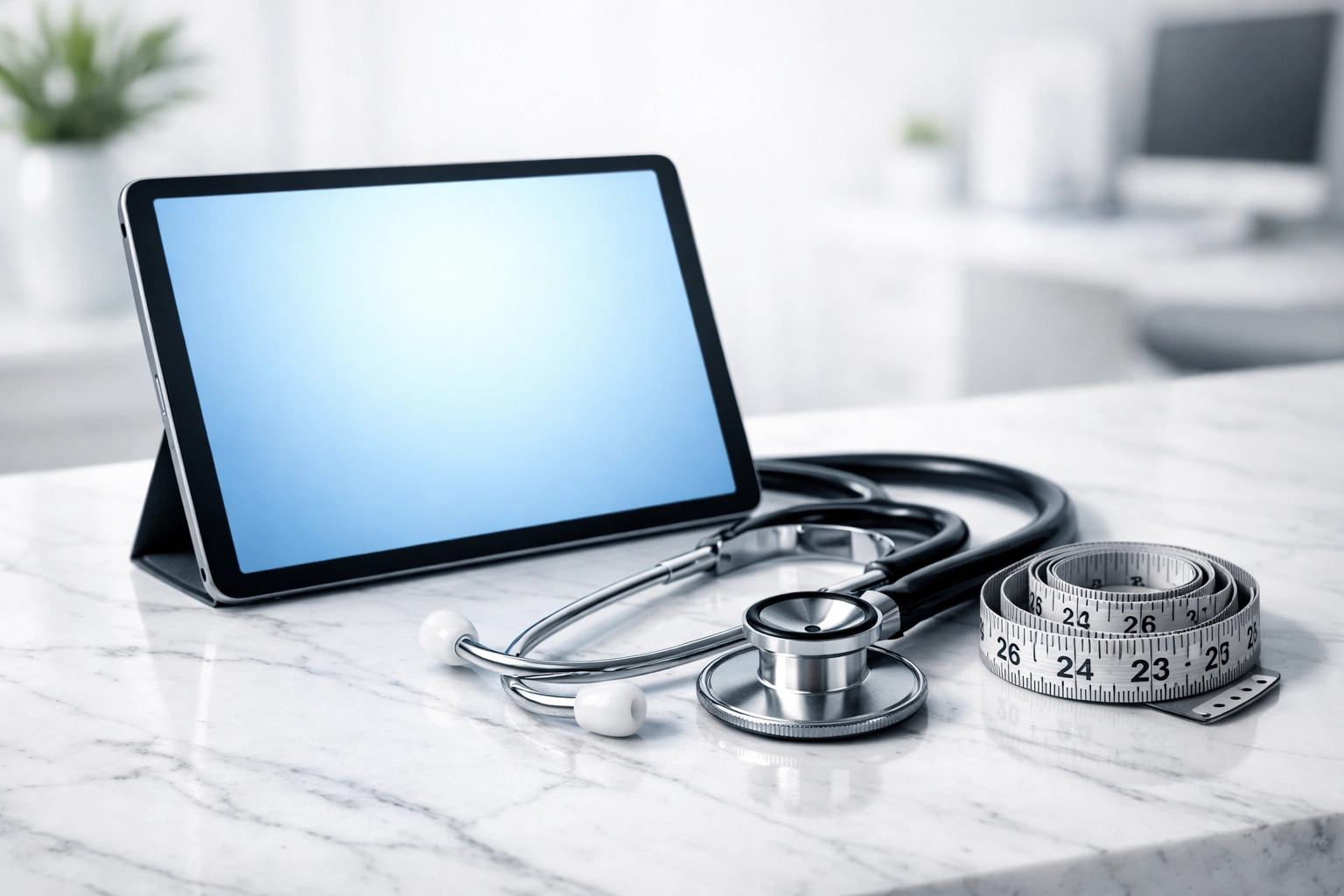 Modern tablet and stethoscope for affordable virtual GLP weight loss visits in Southern Illinois.