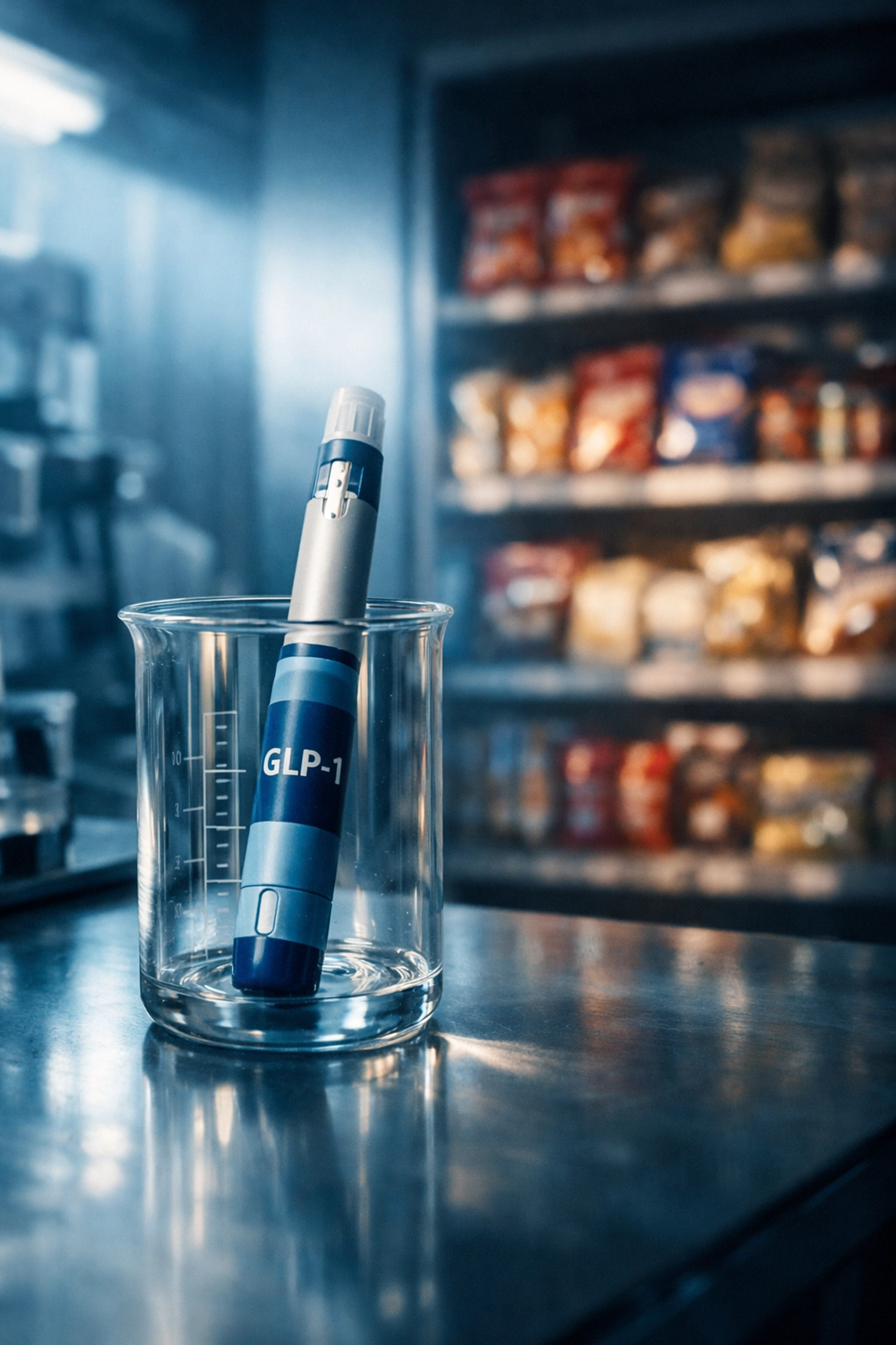 GLP-1 weight loss medication with traditional snack foods showing food industry disruption