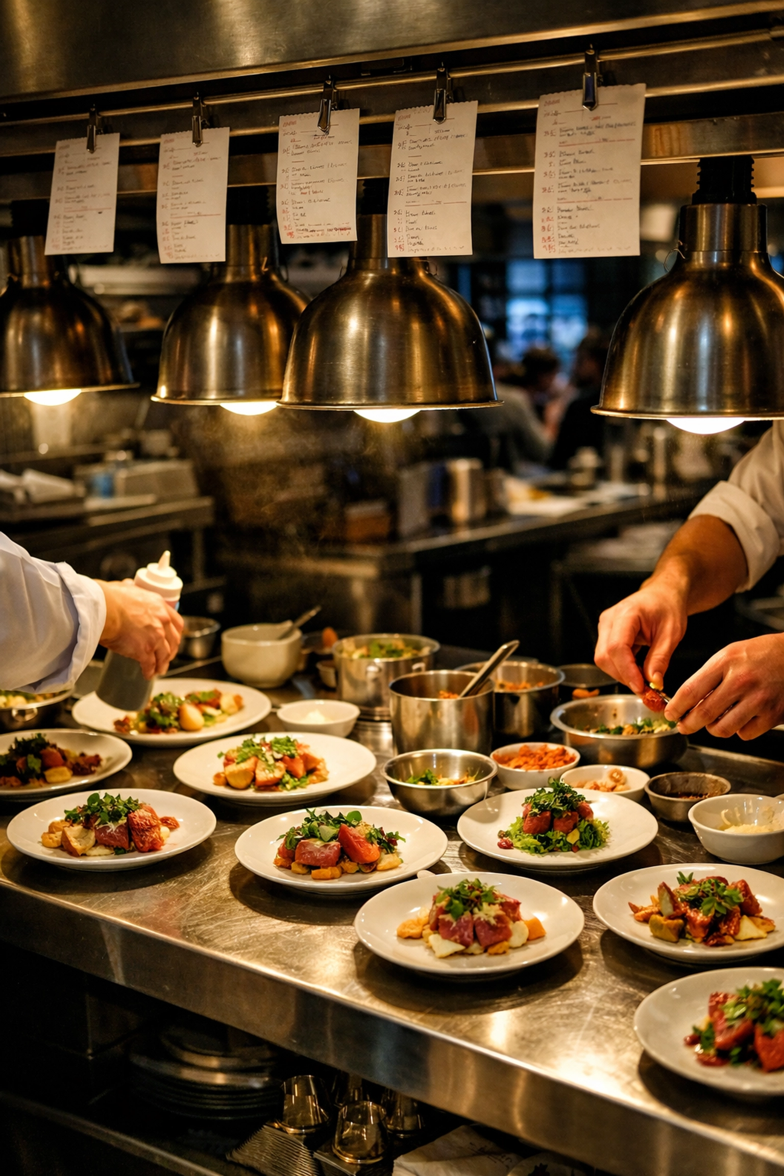Restaurant kitchen staff plating small plates during dinner service at Mediterranean restaurant