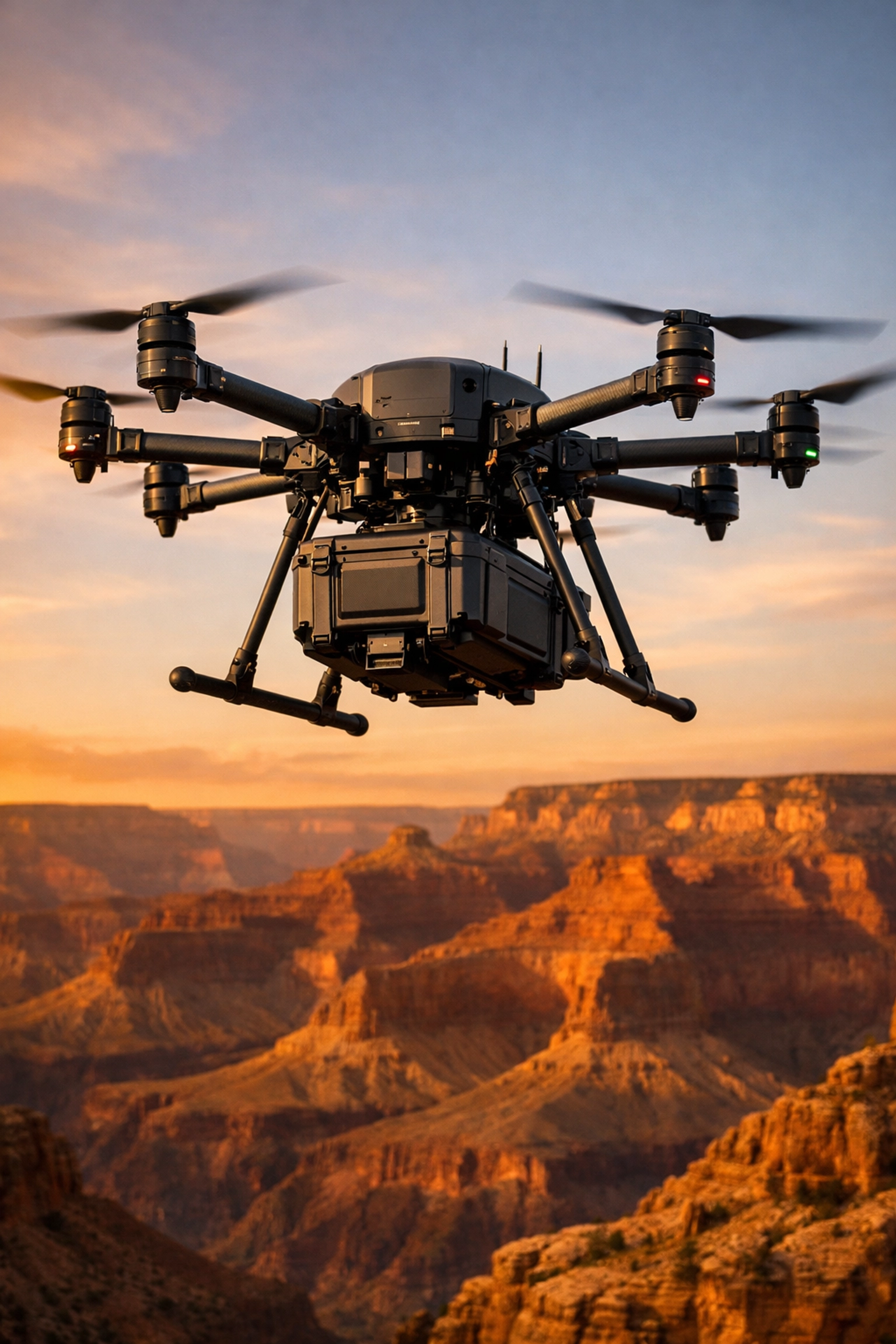 Professional drone ash scattering equipment performing a dignified memorial service over the Grand Canyon.