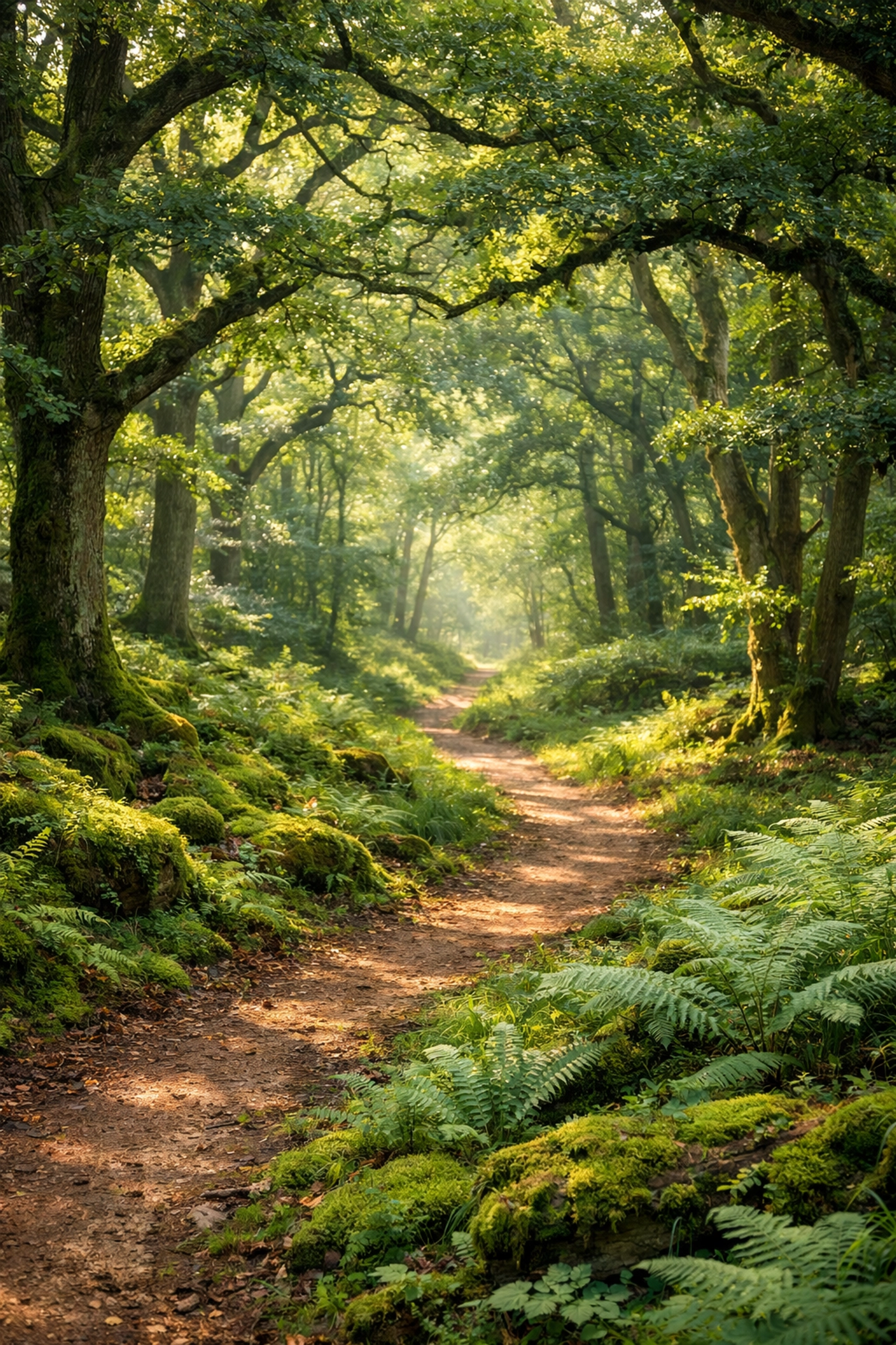Sunlight filtering through ancient oak trees onto a peaceful woodland hiking path.