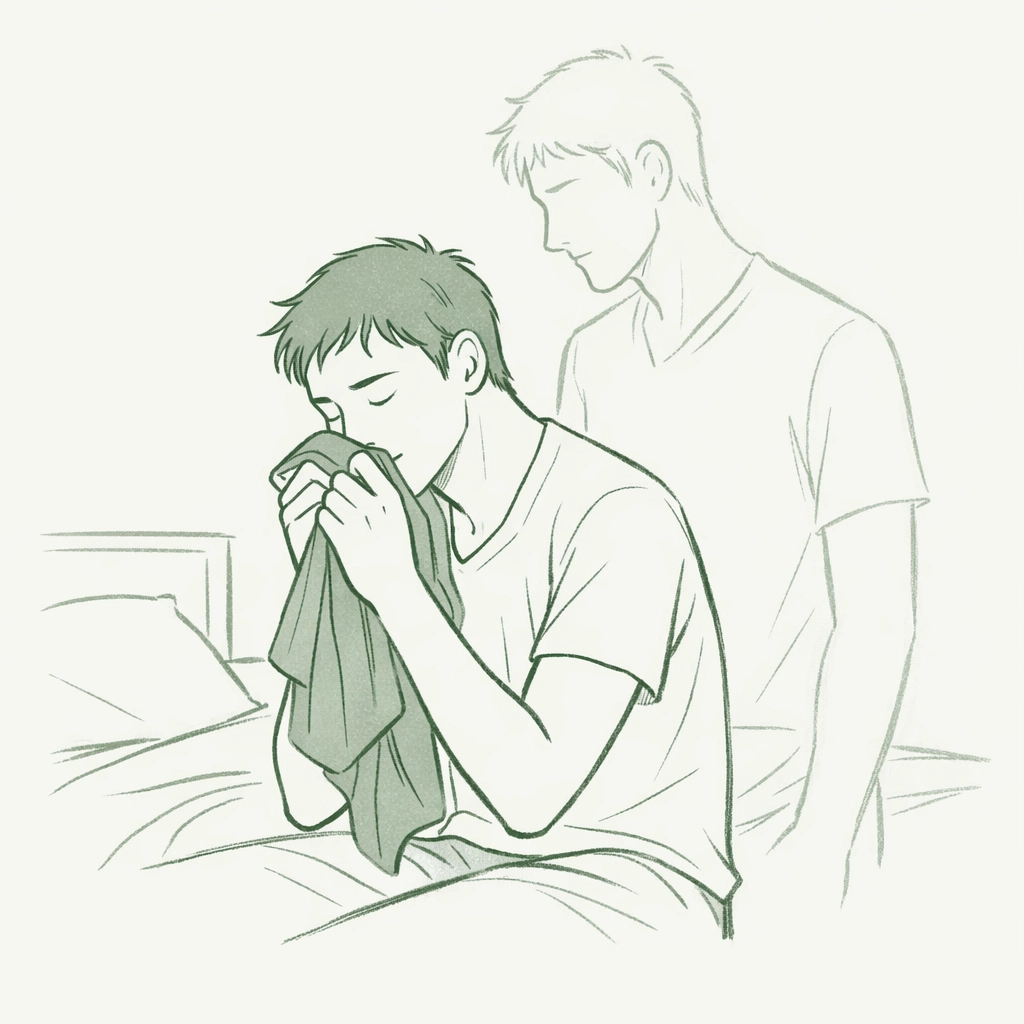 Gay man holding fabric close, experiencing intimate scent connection with absent partner
