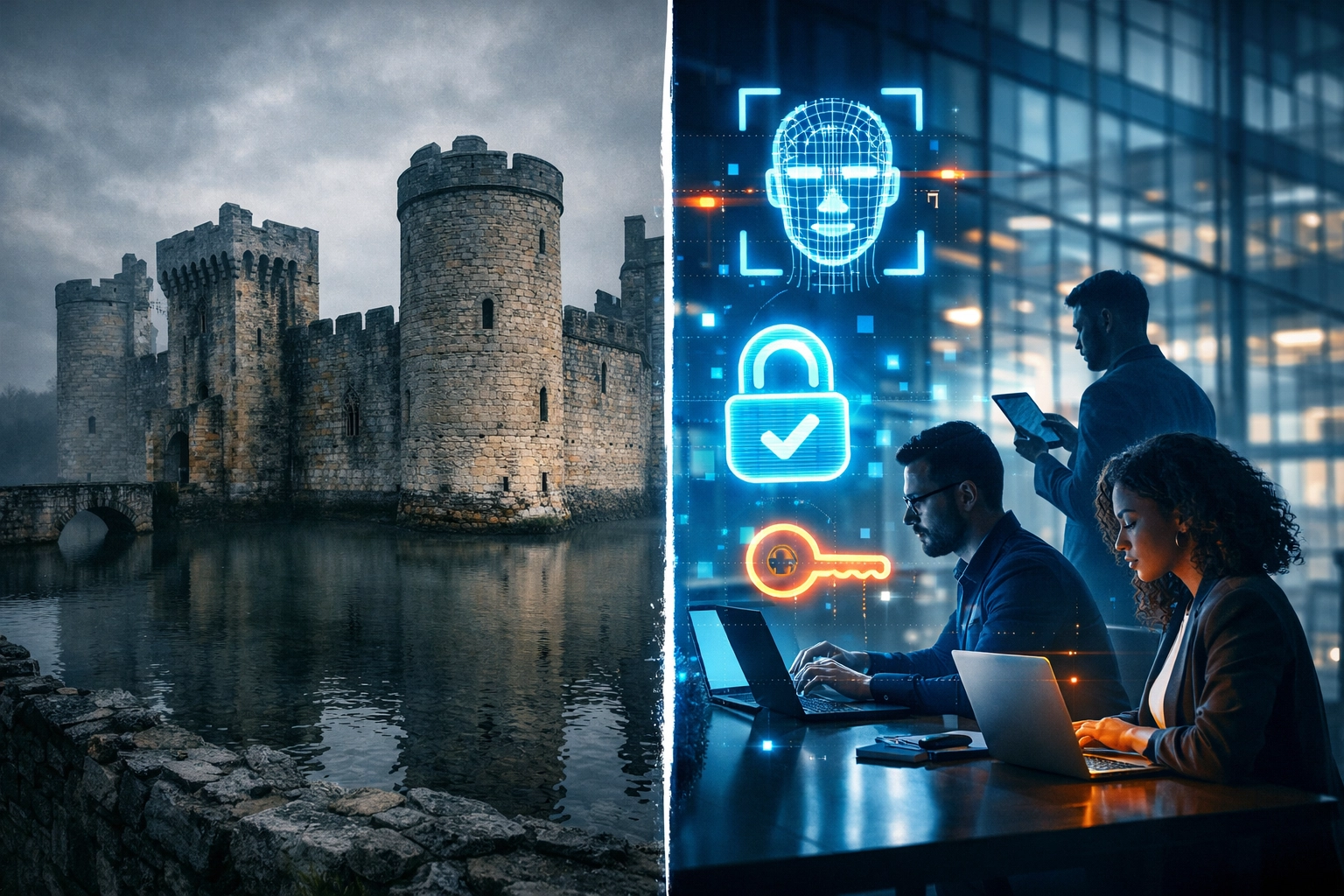 Traditional perimeter defense vs modern identity-first security comparison