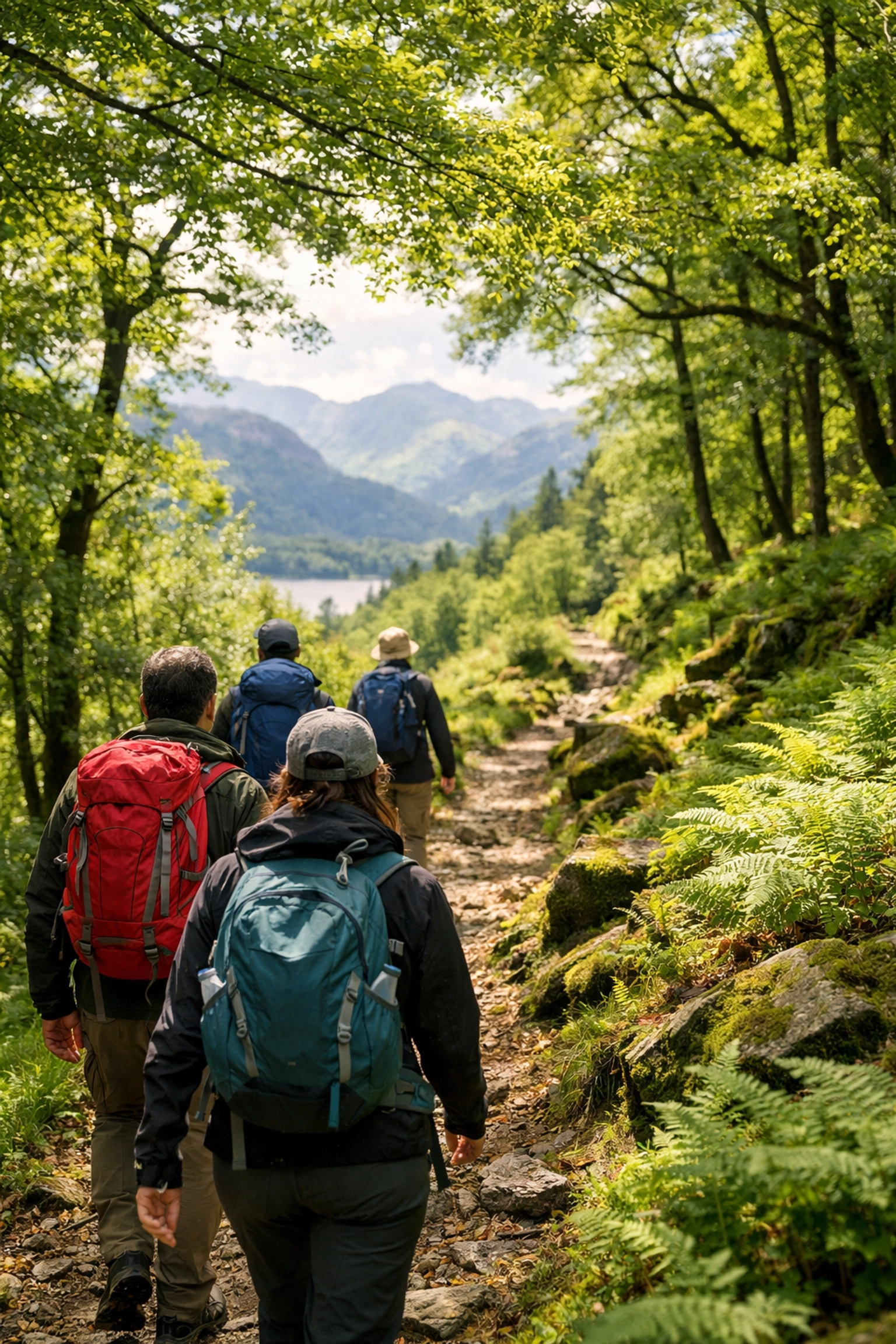 Group of hikers on woodland trail during Lake District guided walking tour