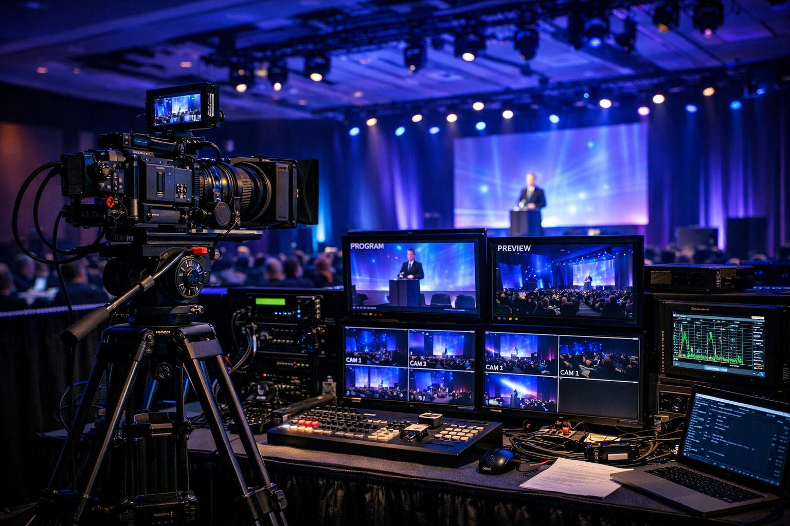 Professional event video production equipment and monitors for high-quality corporate videography services.