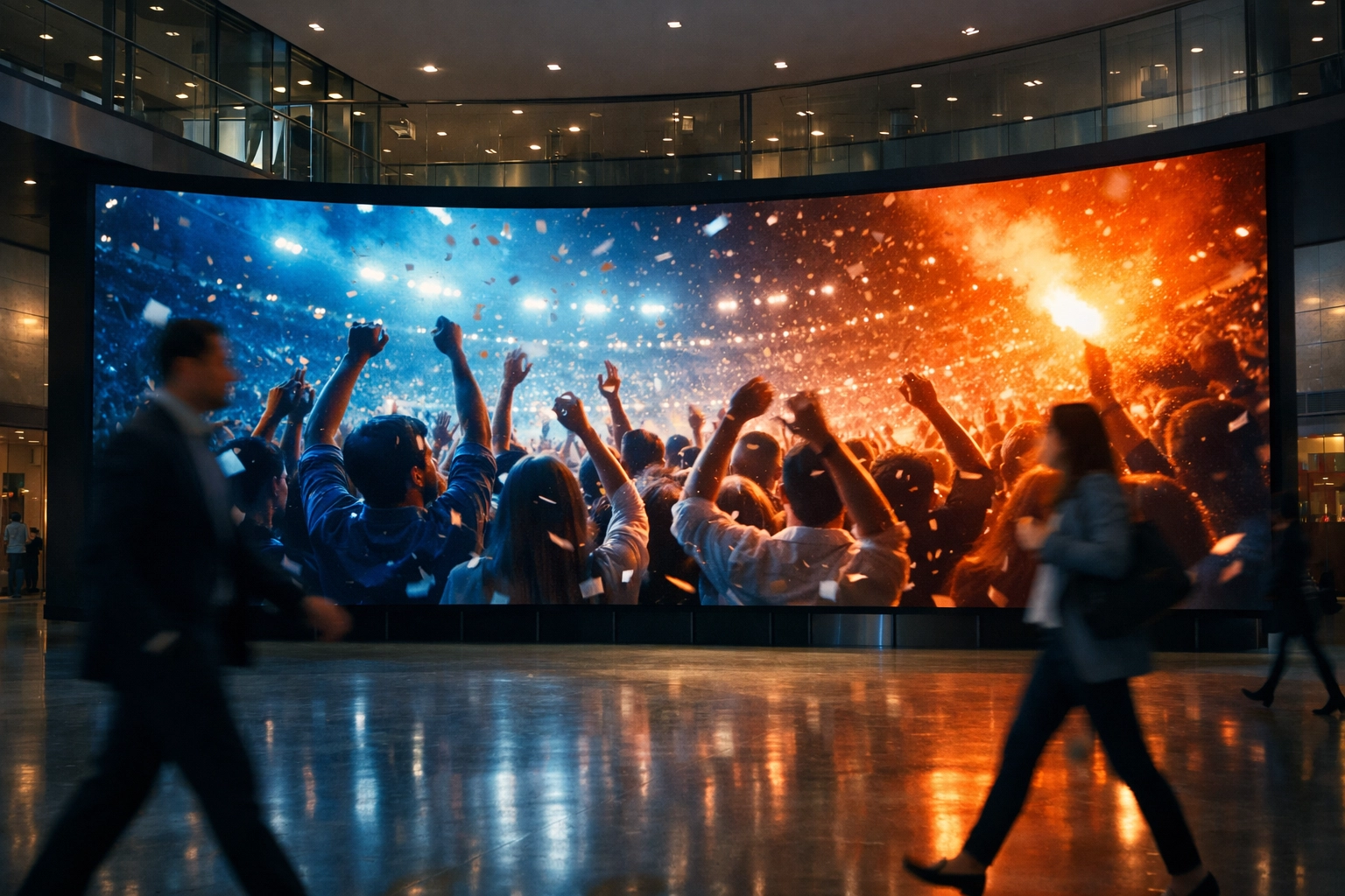Large scale curved LED video wall in a venue lobby demonstrating immersive digital signage for guest engagement.