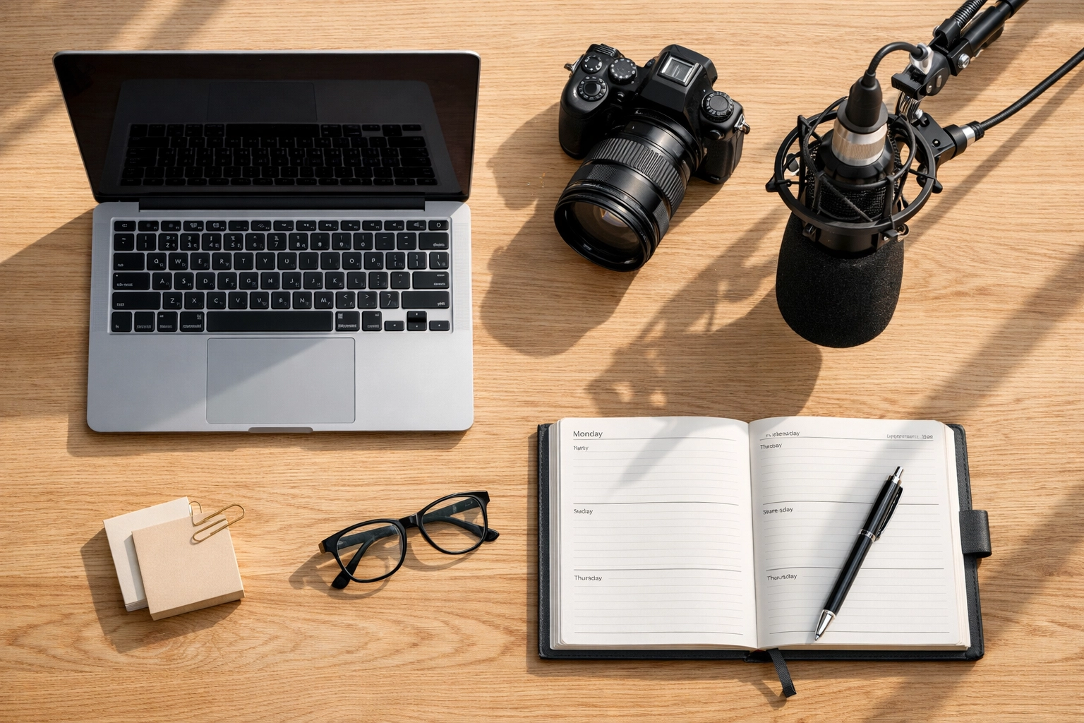 Creator workspace with a laptop and camera, representing tax-deductible business expenses for solo bloggers.